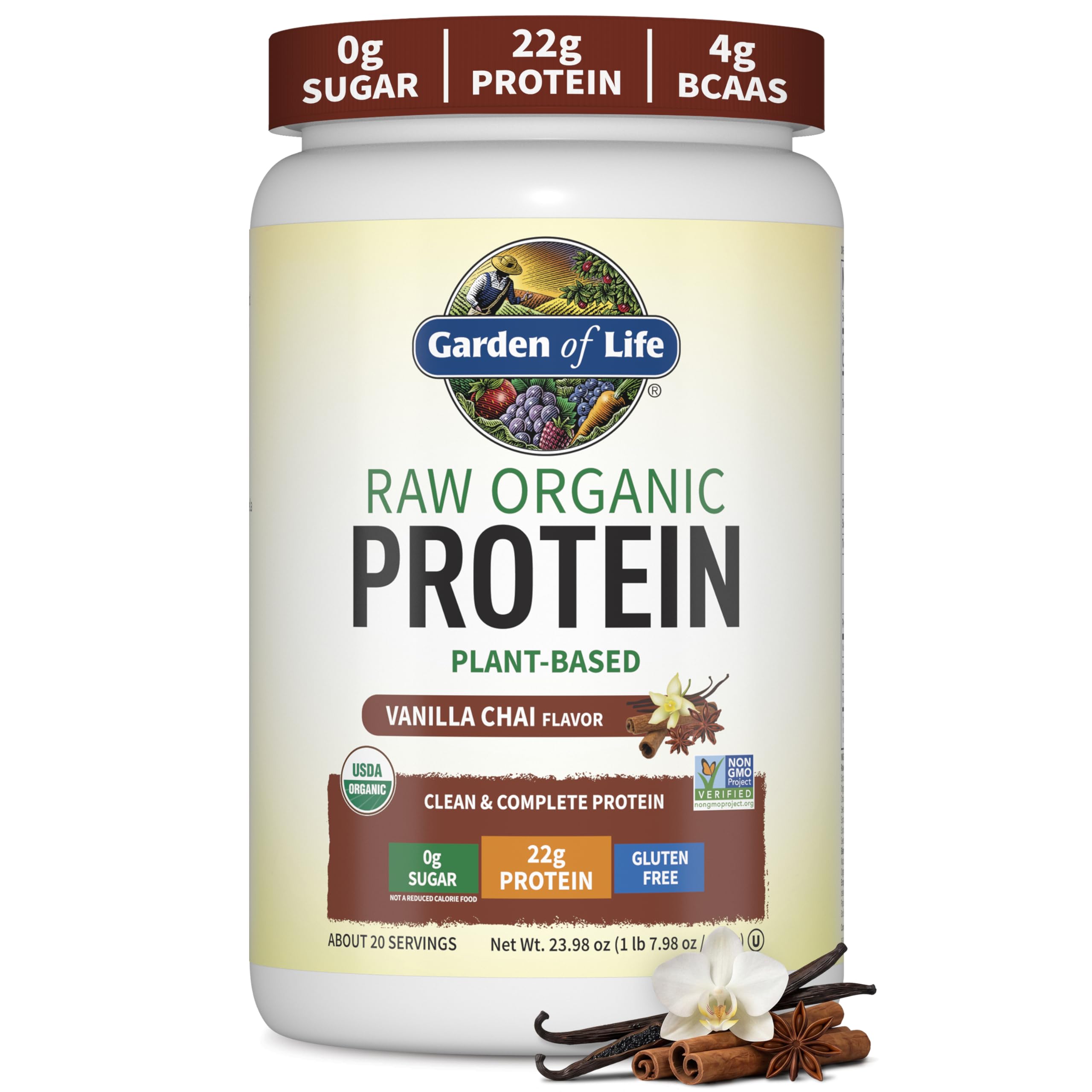 Garden of Life envase frontal Vanilla Chai mostrando beneficios y sello orgánico