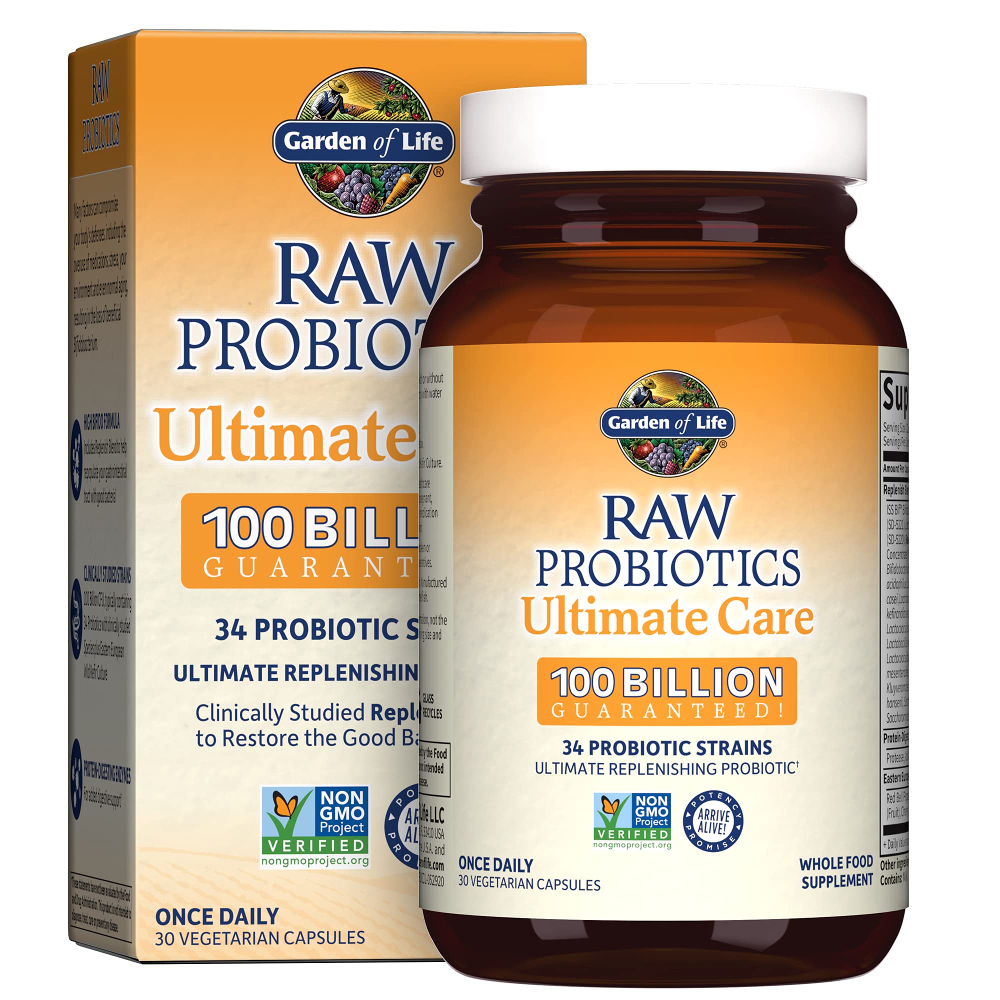 Garden of Life frente del envase mostrando 100 mil millones CFU y beneficio de apoyo intestinal