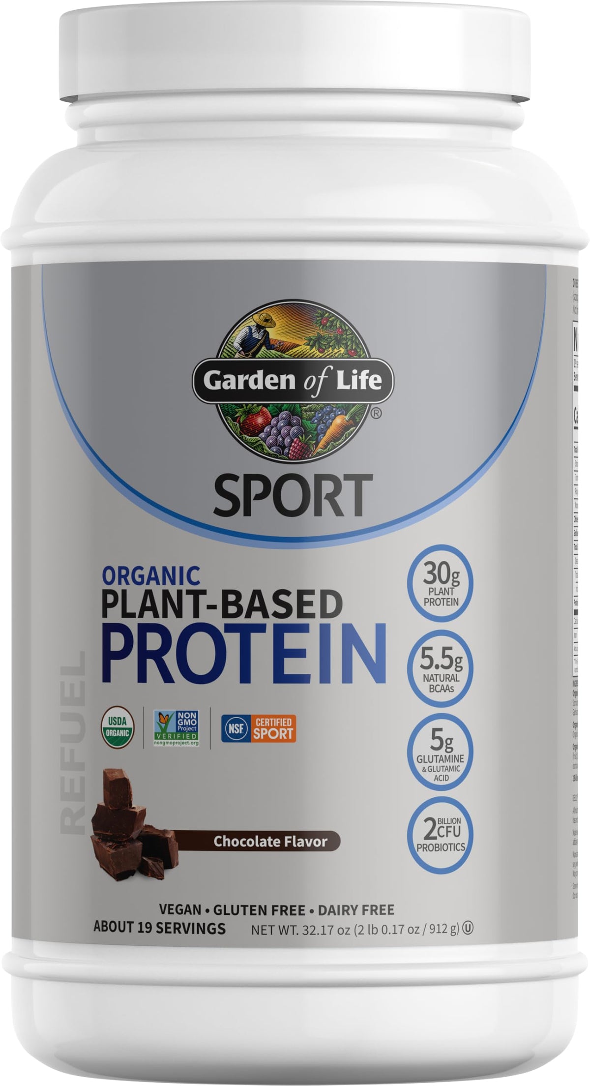 Garden of Life envase frontal sabor chocolate, proteína vegana limpia