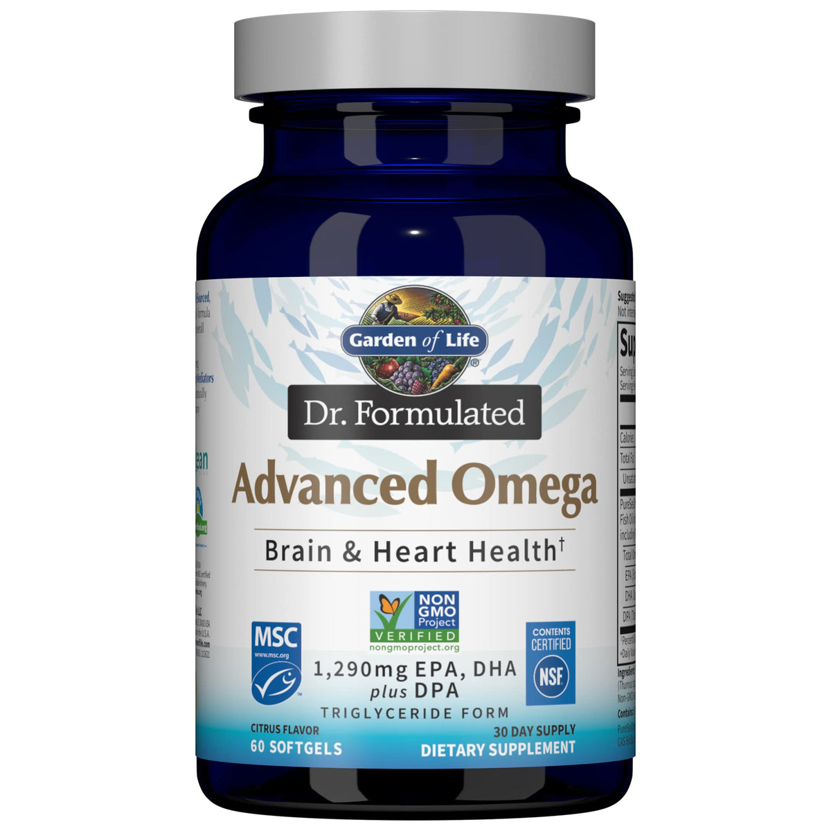 Garden of Life envase frontal del suplemento omega con información visible y beneficio de confianza
