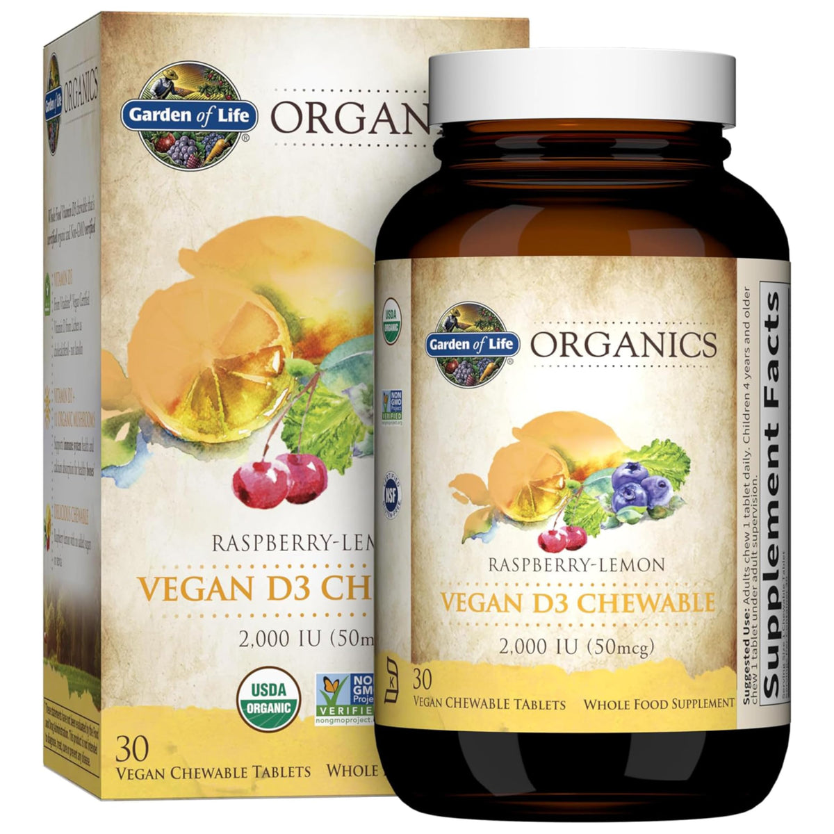 Garden of Life envase frontal mostrando tabletas y beneficios