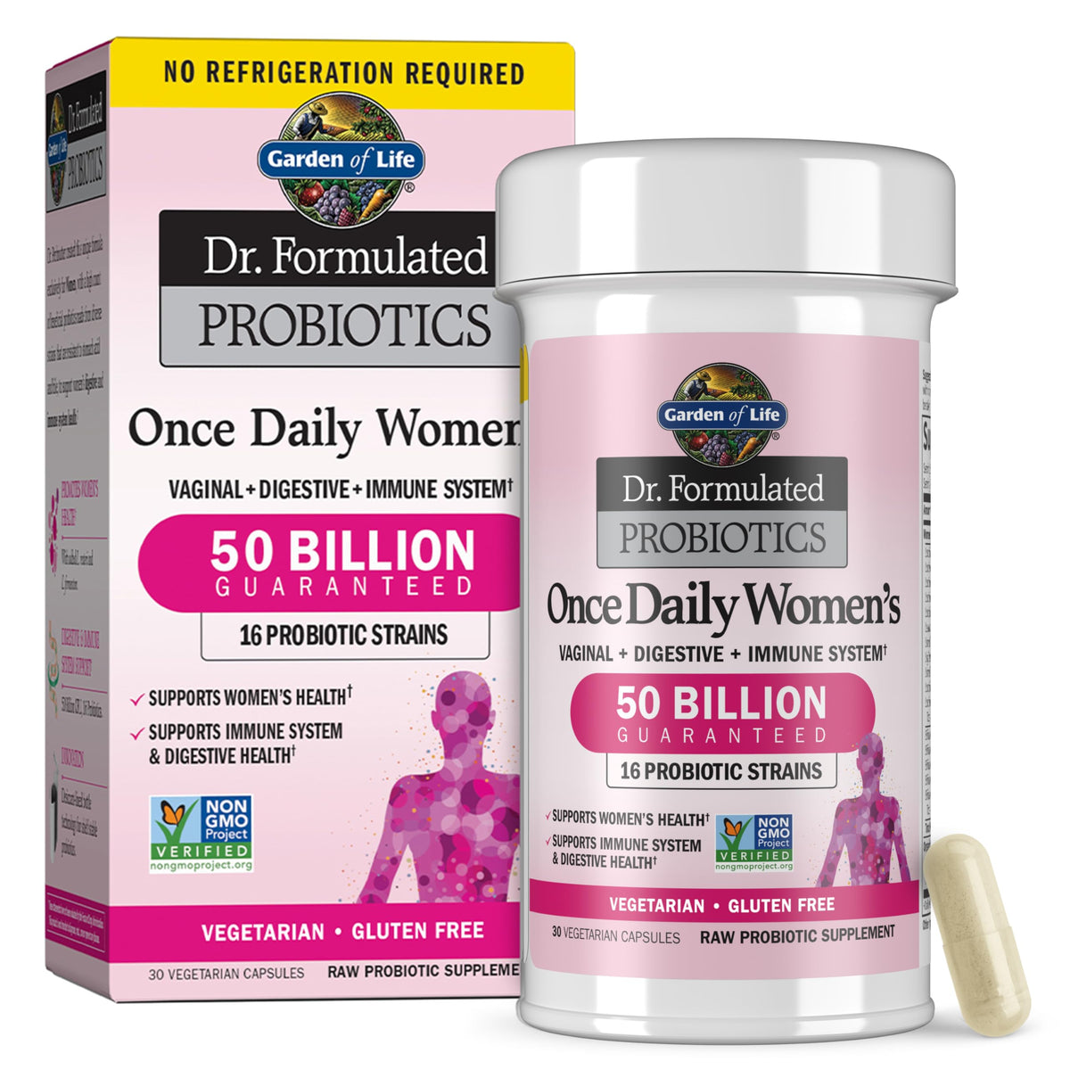 Garden of Life envase frontal mostrando 50 mil millones UFC y 30 cápsulas para conveniencia diaria