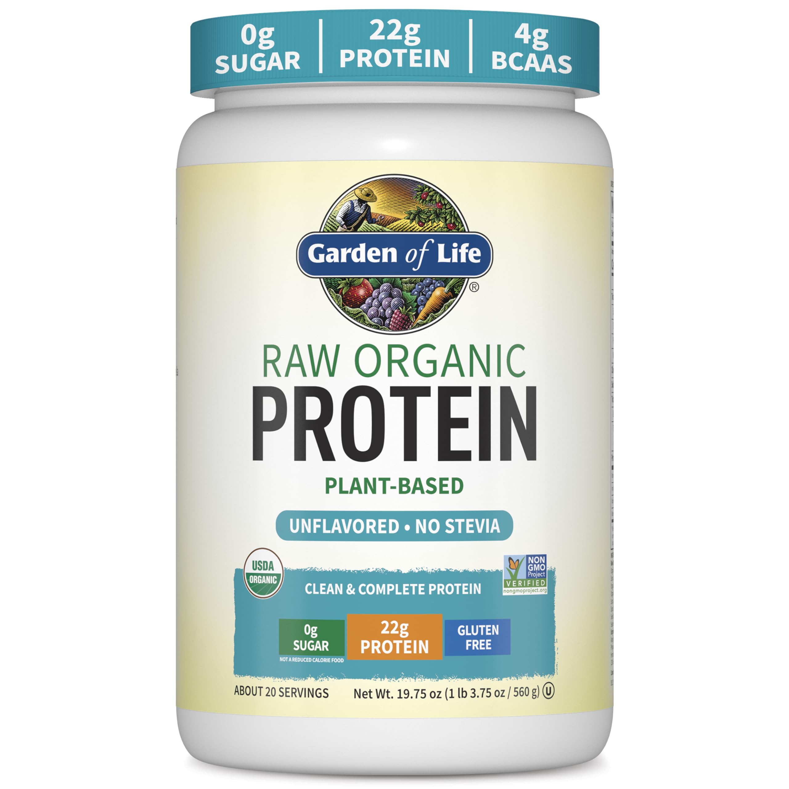 Garden of Life envase frontal mostrando proteína vegana y beneficios claros