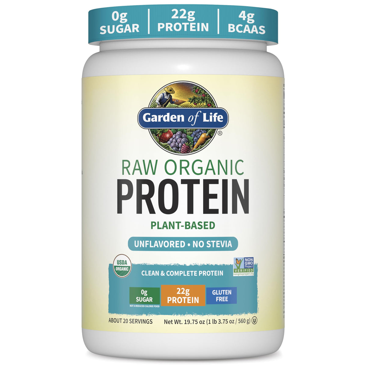 Garden of Life envase frontal mostrando proteína vegana y beneficios claros