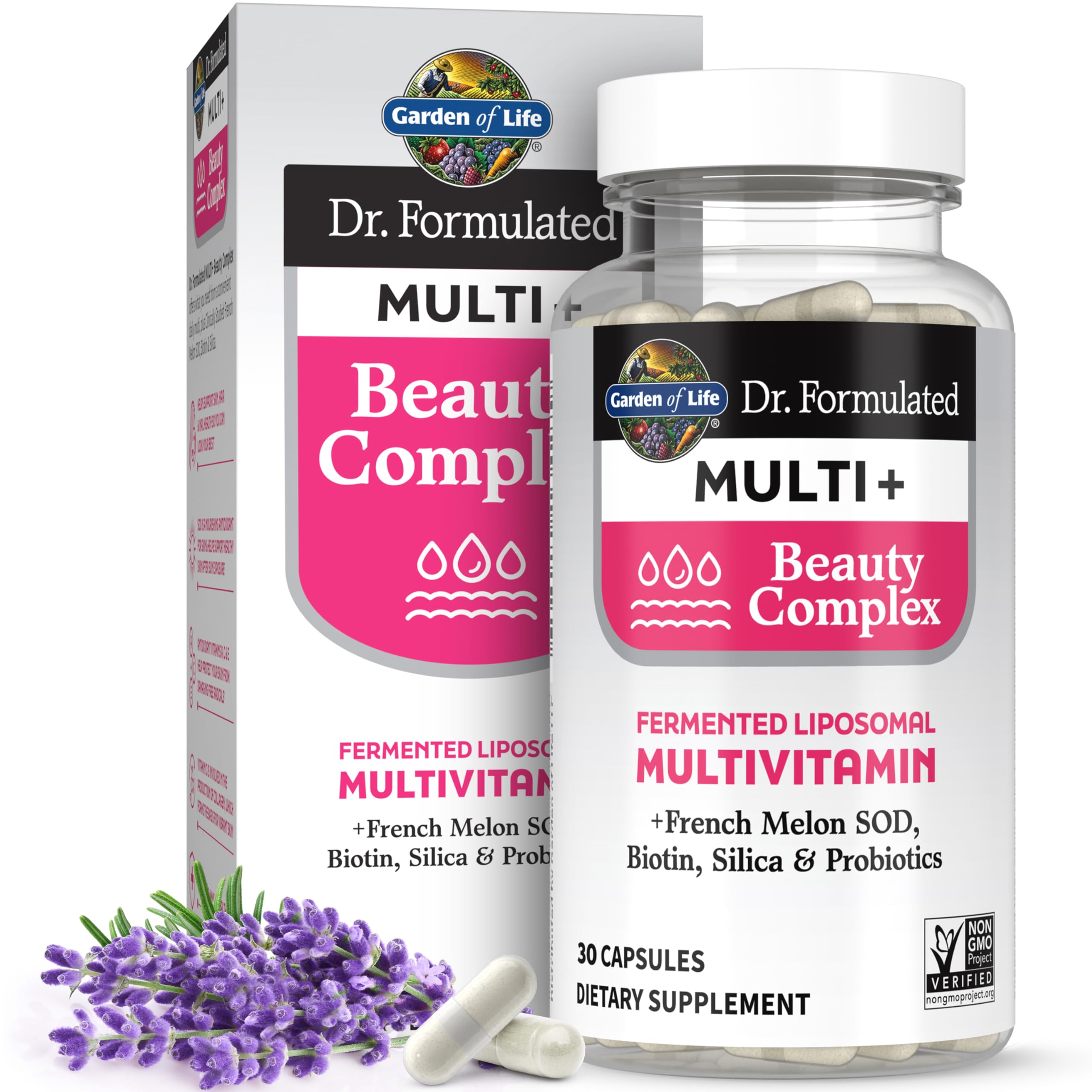 Garden of Life envase frontal mostrando nombre y beneficios para belleza