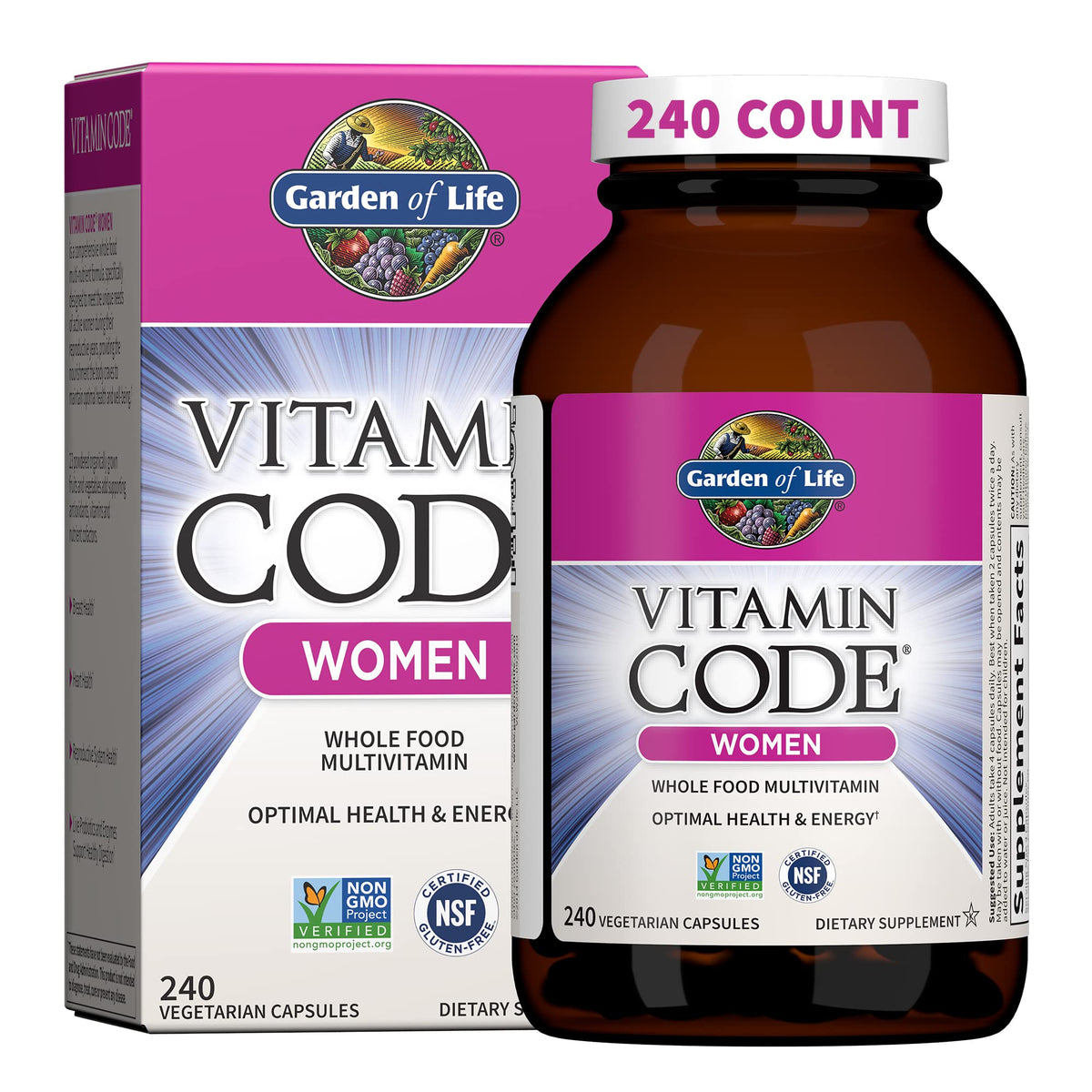 Garden of Life envase frontal mostrando 240 cápsulas y beneficios básicos