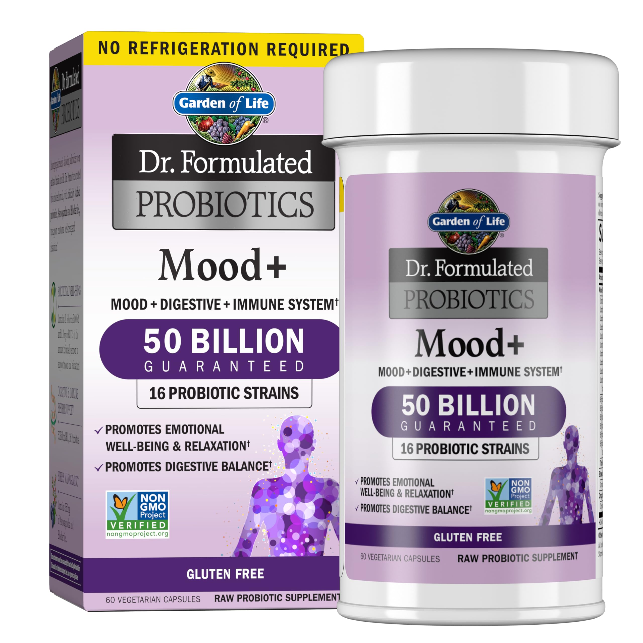 Garden of Life envase frontal mostrando fórmula Mood+ y beneficios