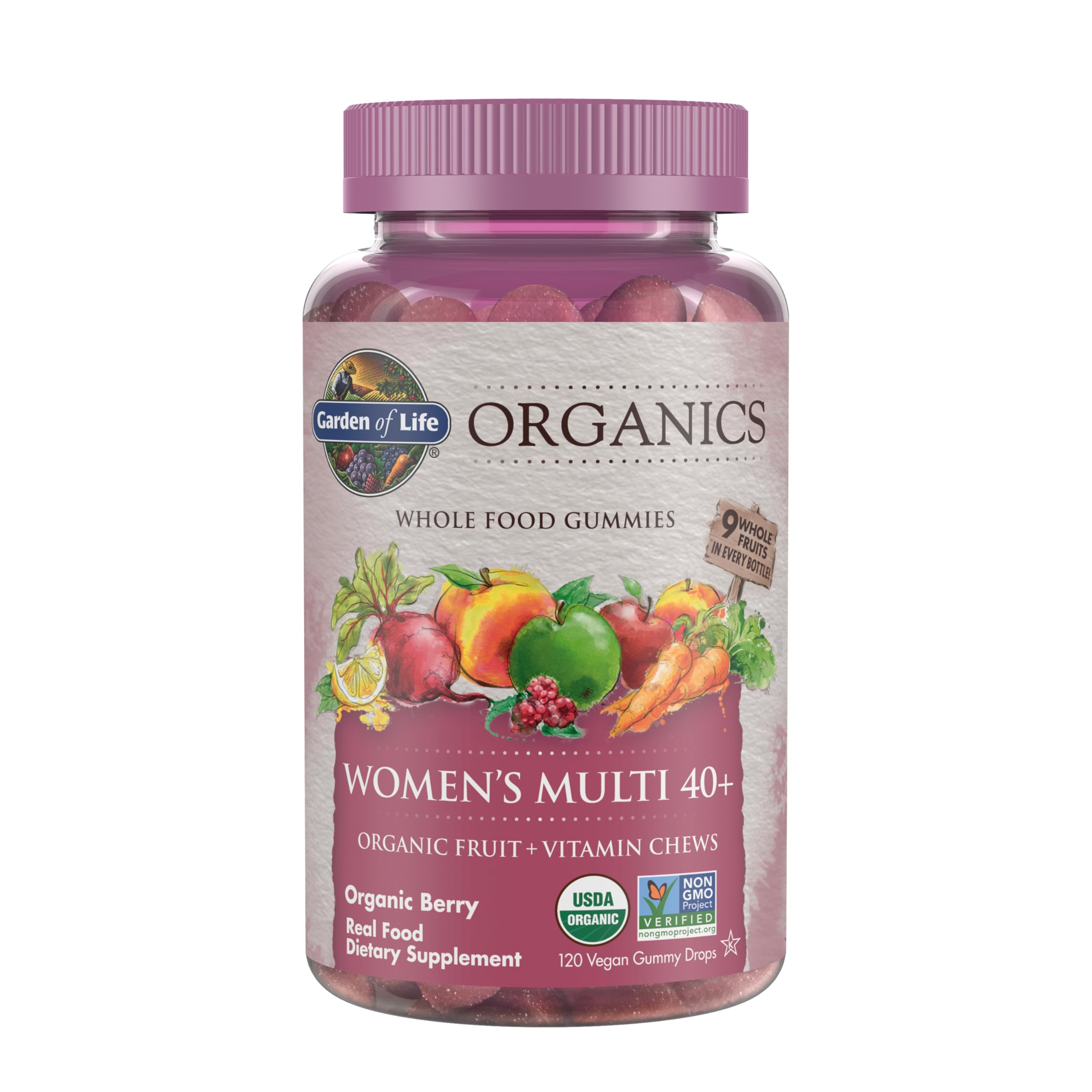 Garden of Life frasco frontal mostrando etiqueta y beneficios