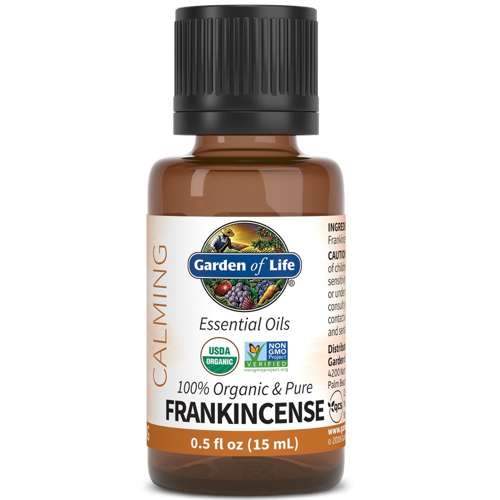 Garden of Life frasco frontal mostrando aceite puro y etiqueta clara