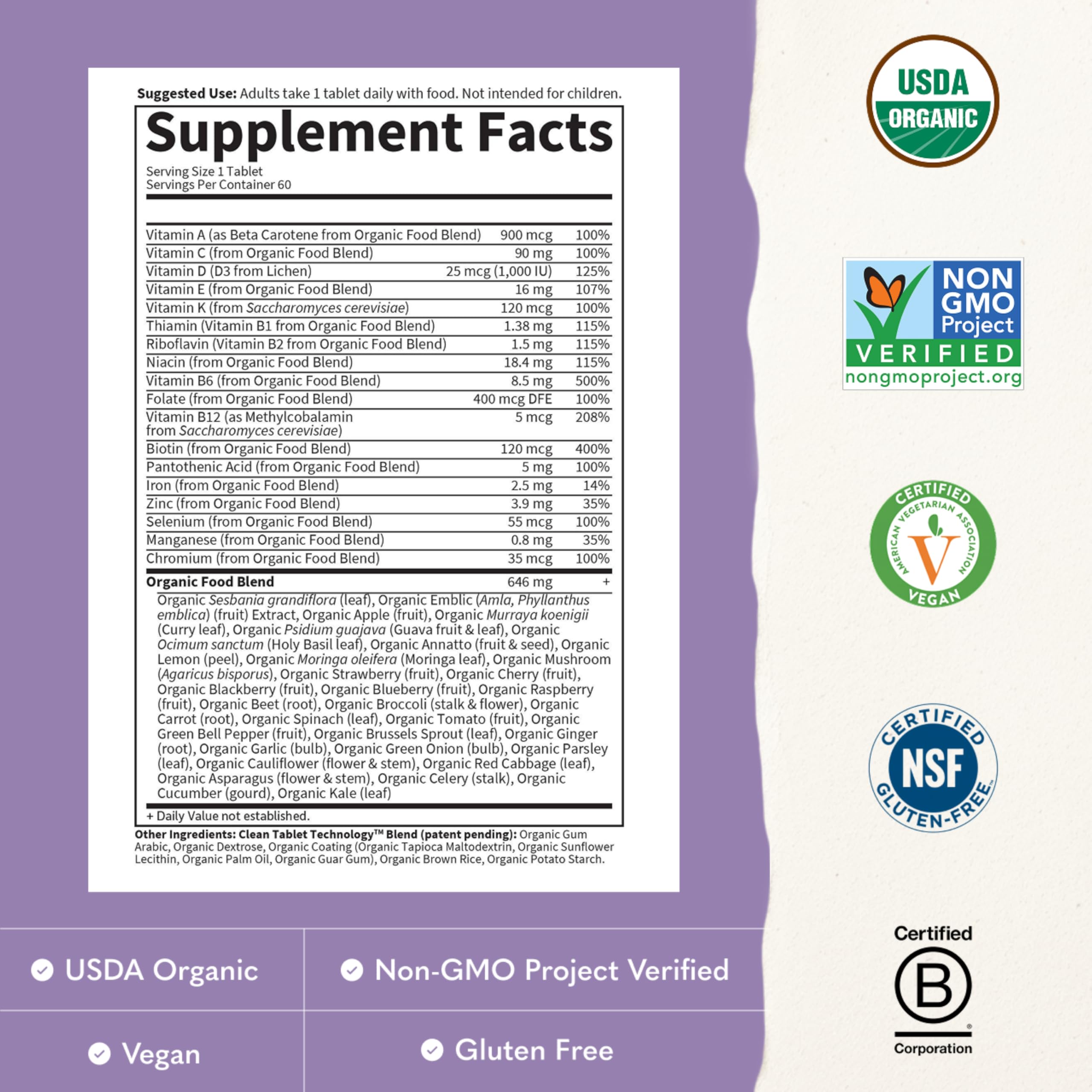 Garden of Life ingredientes orgánicos variados que enfatizan origen vegetal