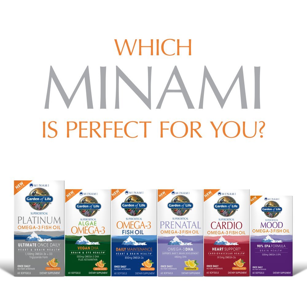 Etiqueta Garden of Life Minami Platinum con información de omega‑3 y vitamina D3 clara