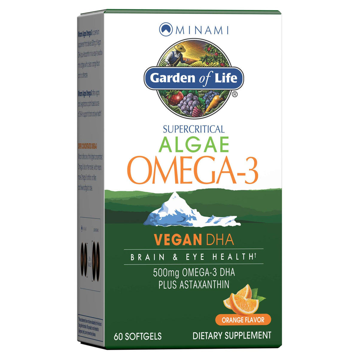 Garden of Life frasco frontal mostrando mini softgels y sabor naranja, confianza en calidad