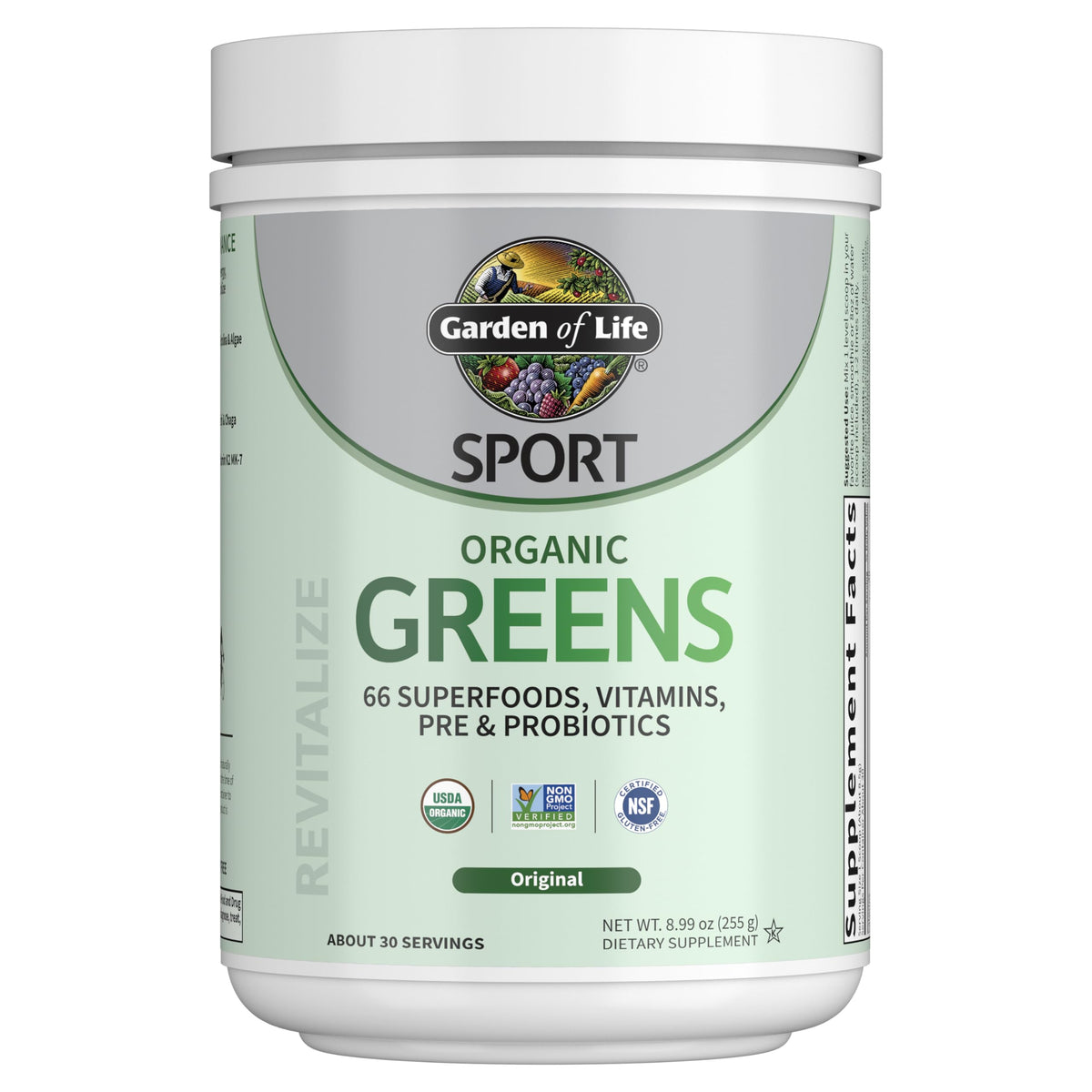 Garden of Life envase frontal que muestra Organic Greens y certificaciones visibles para confianza