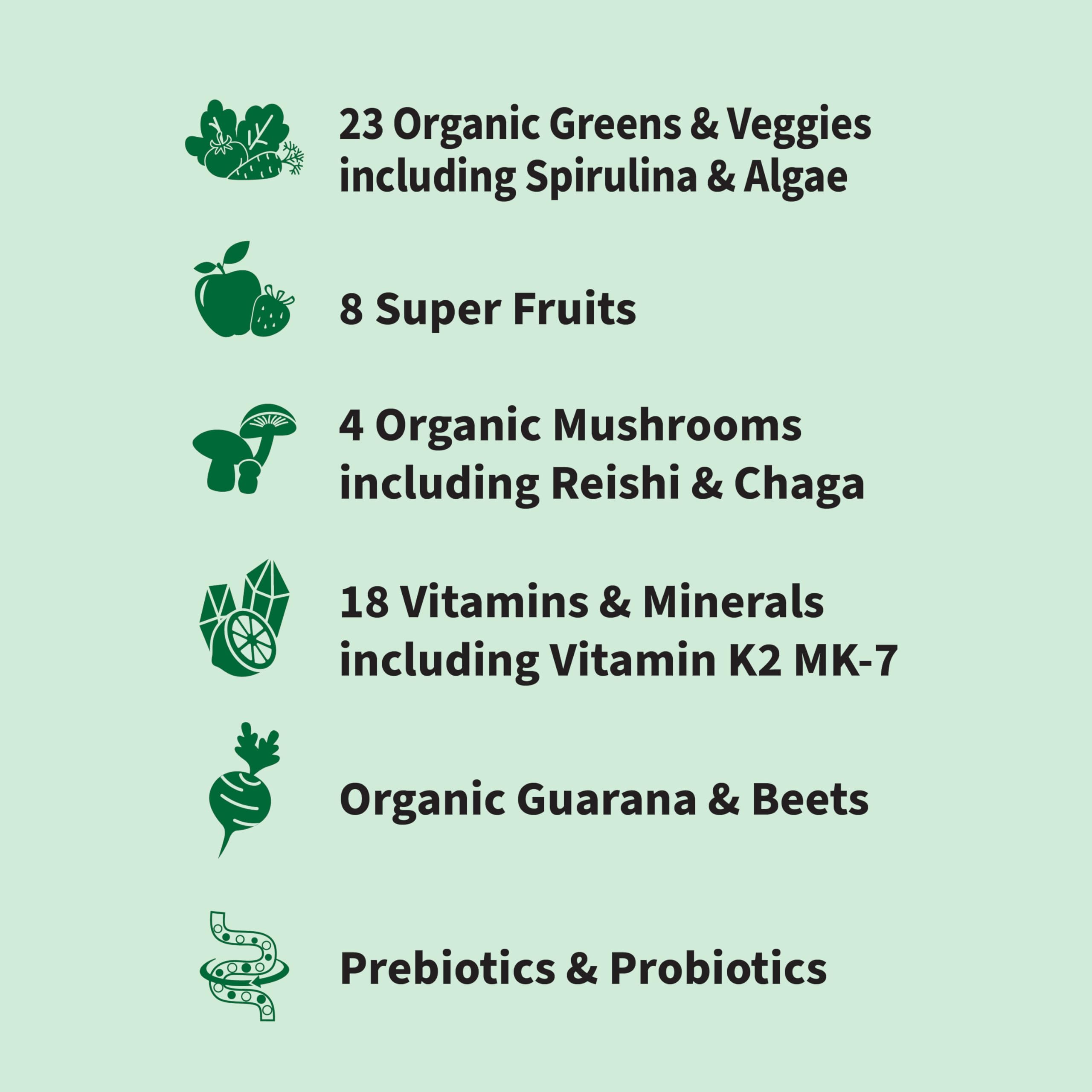 Polvo Organic Greens de Garden of Life en primer plano que resalta textura fina y mezcla de superalimentos