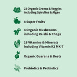 Polvo Organic Greens de Garden of Life en primer plano que resalta textura fina y mezcla de superalimentos