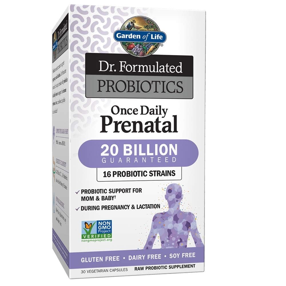 Garden of Life frente del empaque mostrando producto y beneficio de apoyo prenatal