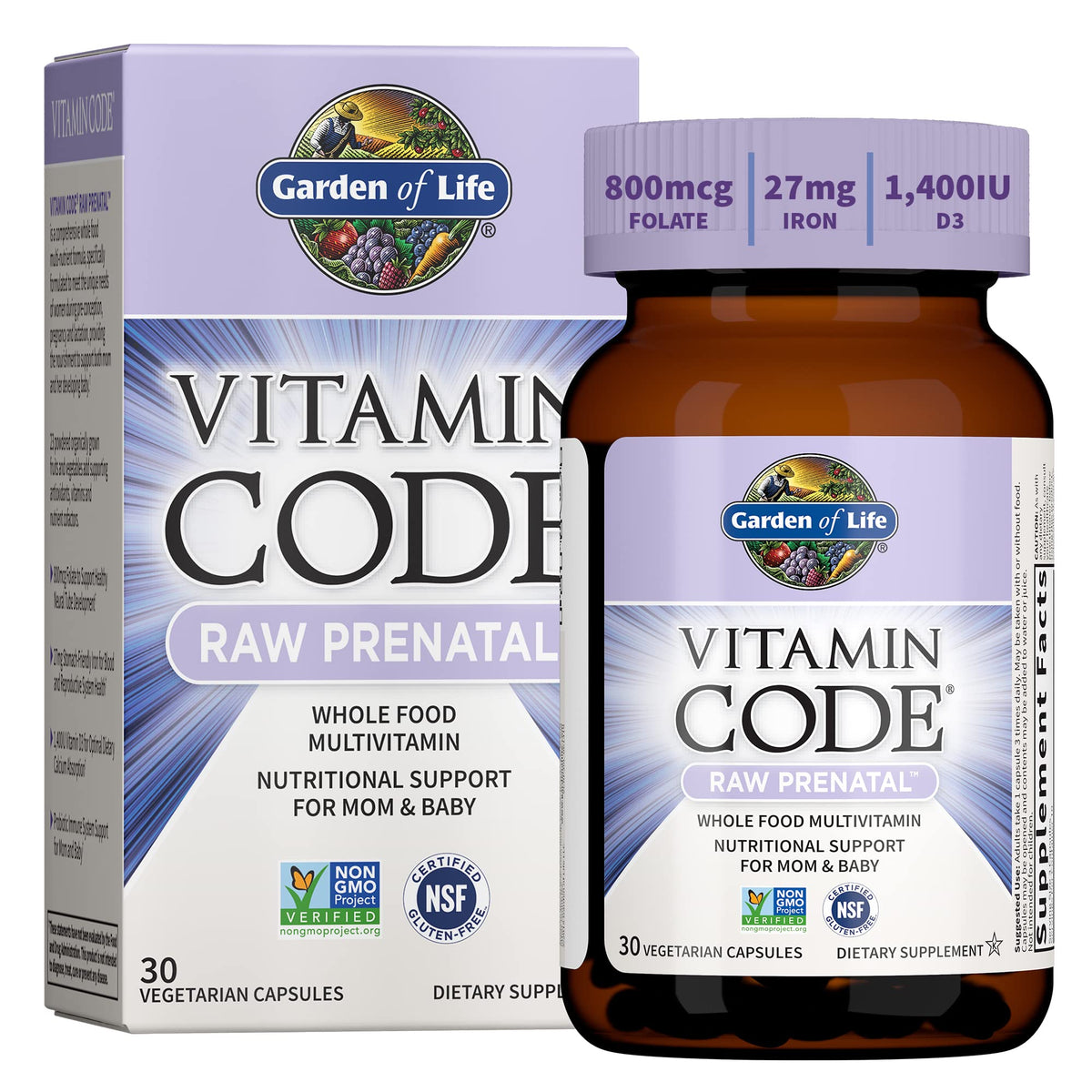 Garden of Life frasco frontal mostrando el multivitamínico prenatal y beneficios