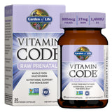 Garden of Life frasco frontal mostrando el multivitamínico prenatal y beneficios