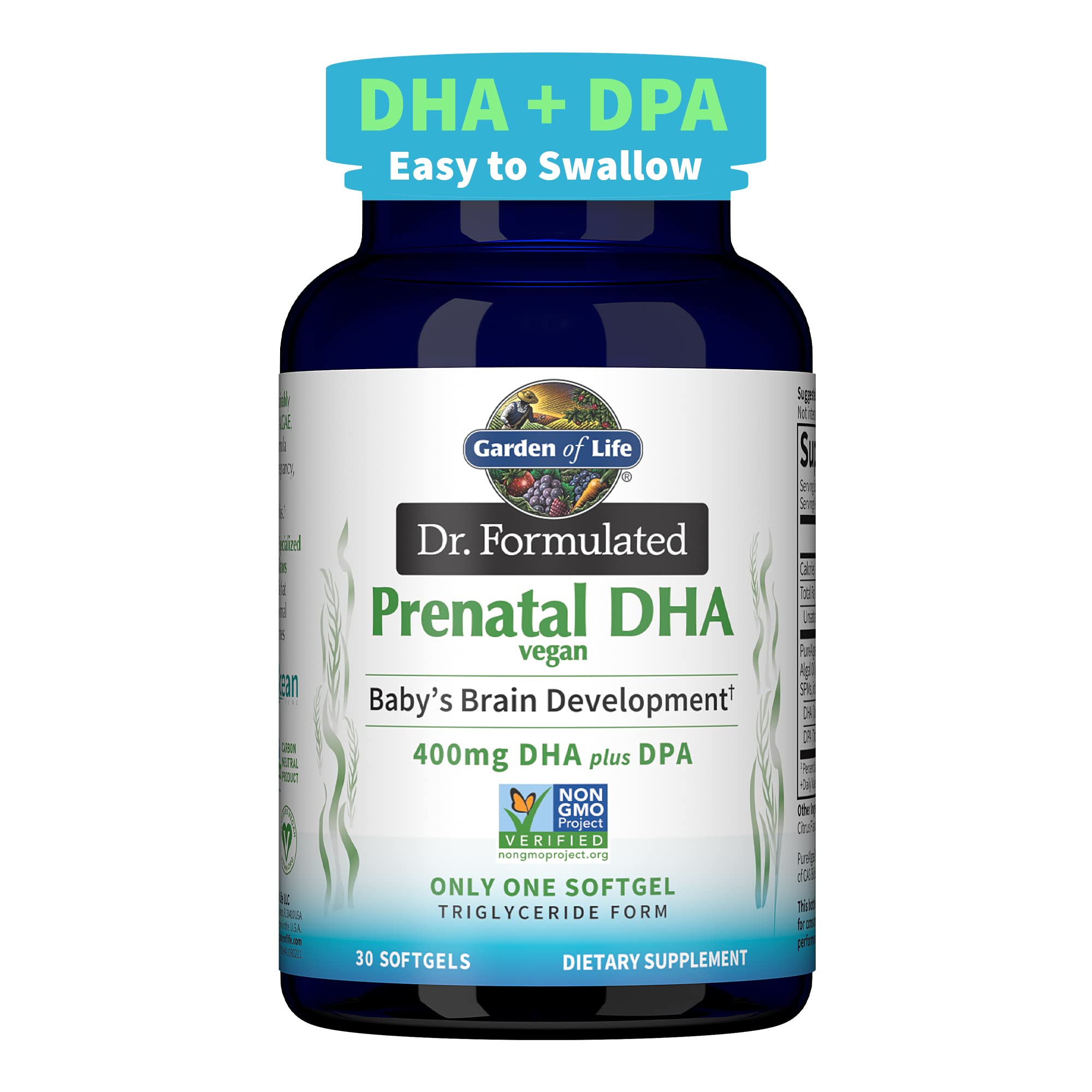 Garden of Life envase frontal mostrando fórmula prenatal vegana y beneficios