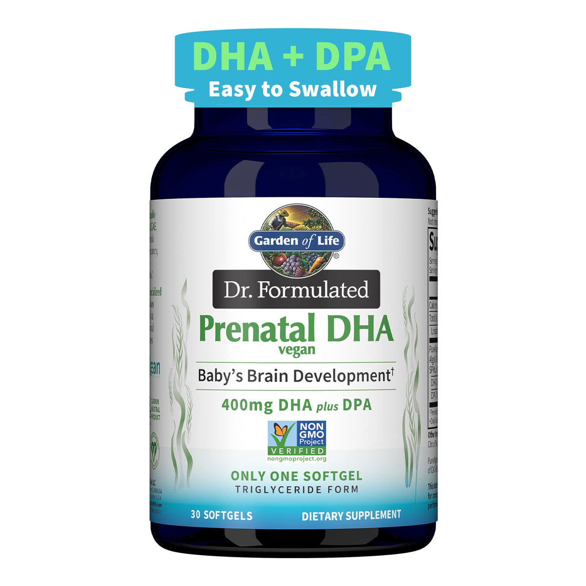 Garden of Life envase frontal mostrando fórmula prenatal vegana y beneficios