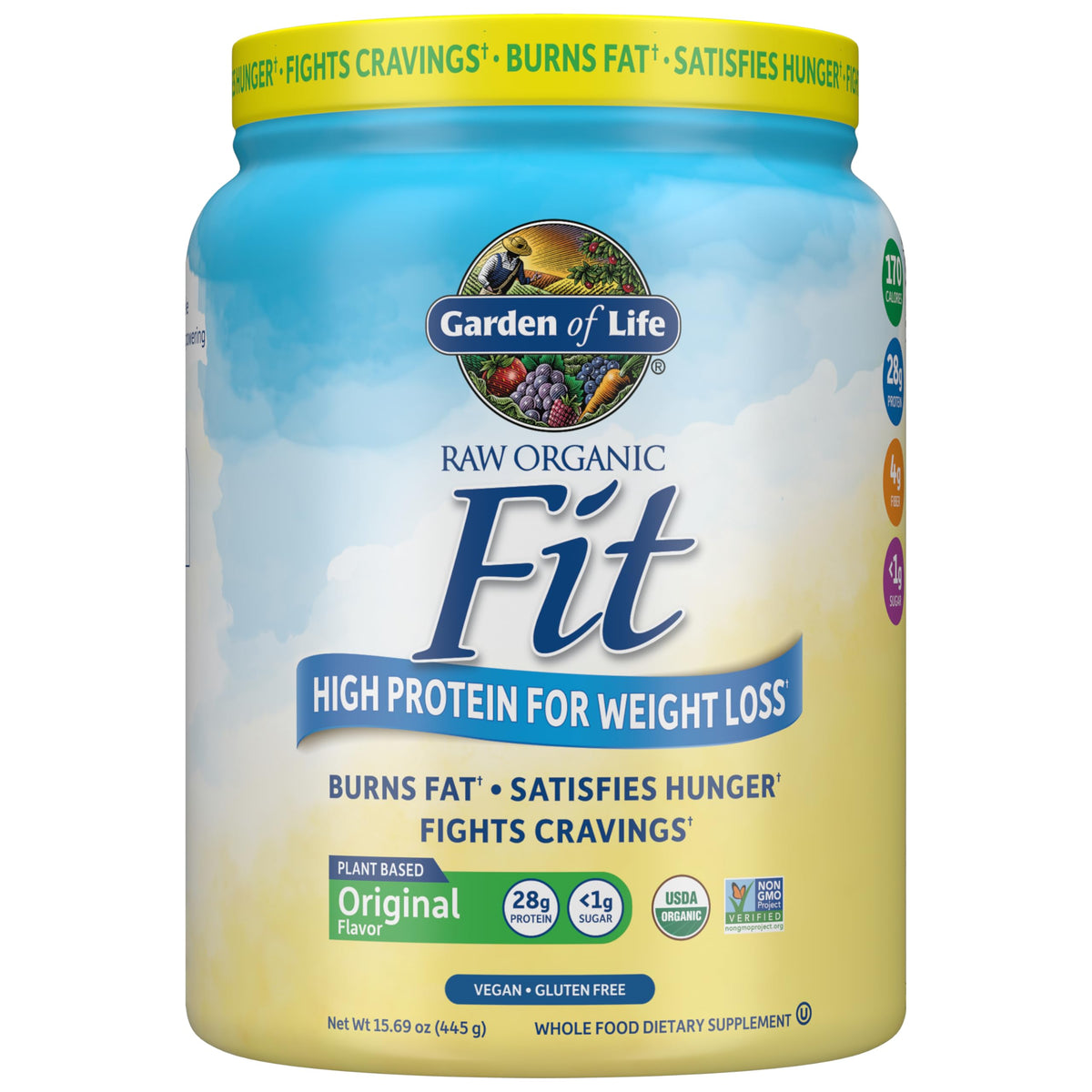 Garden of Life envase frontal mostrando etiqueta y beneficios del producto