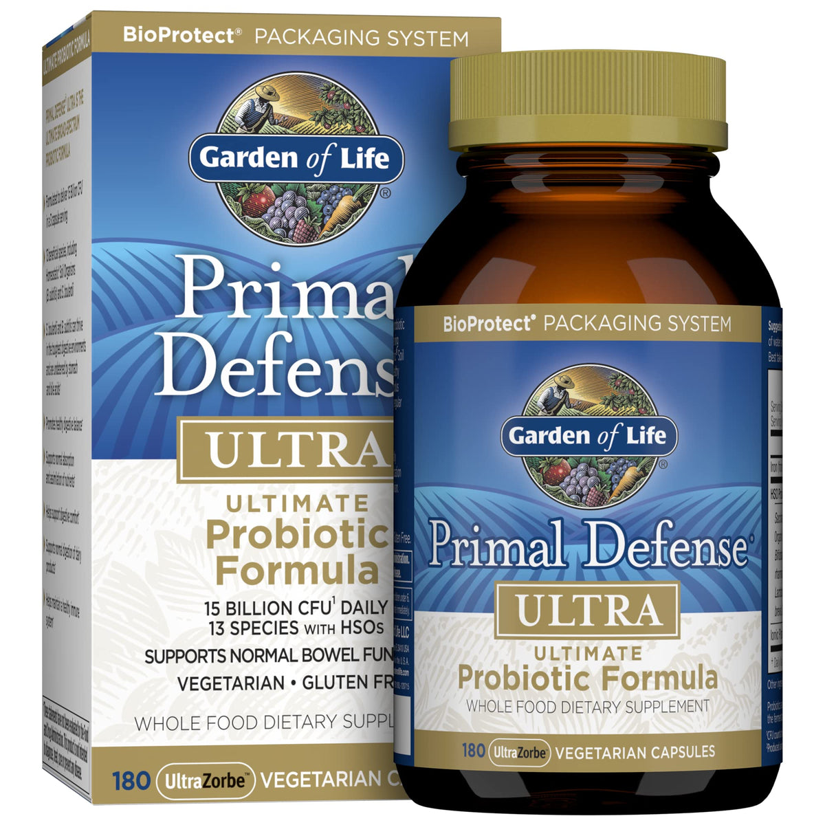 Garden of Life envase frontal de Primal Defense Ultra mostrando 180 cápsulas y beneficios