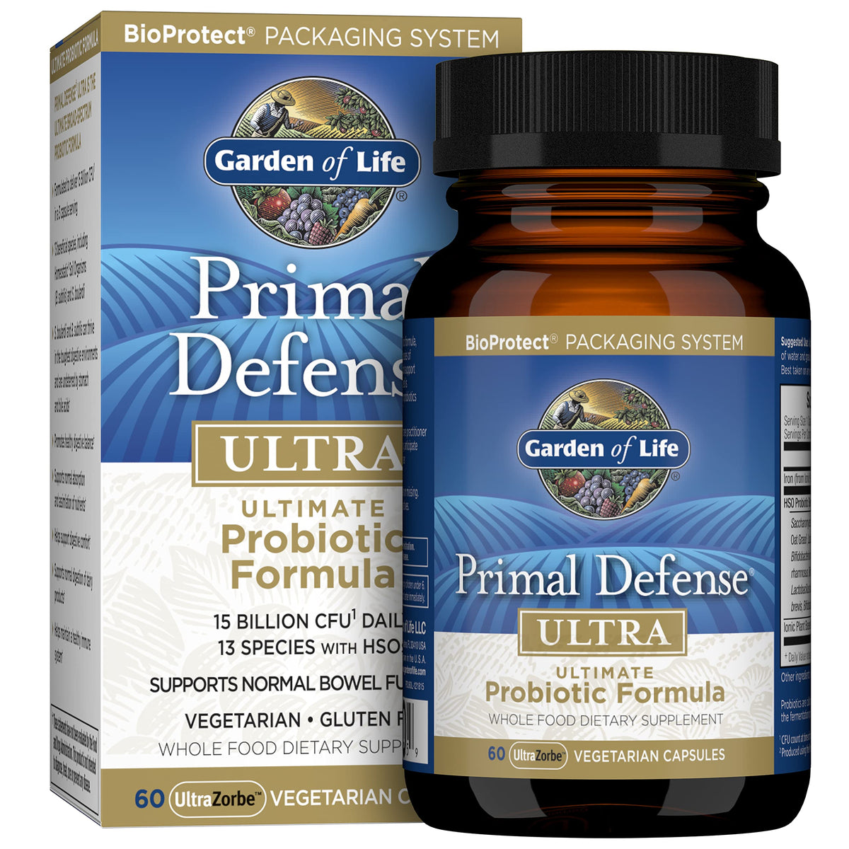 Garden of Life frasco frontal mostrando Primal Defense Ultra y fácil identificación