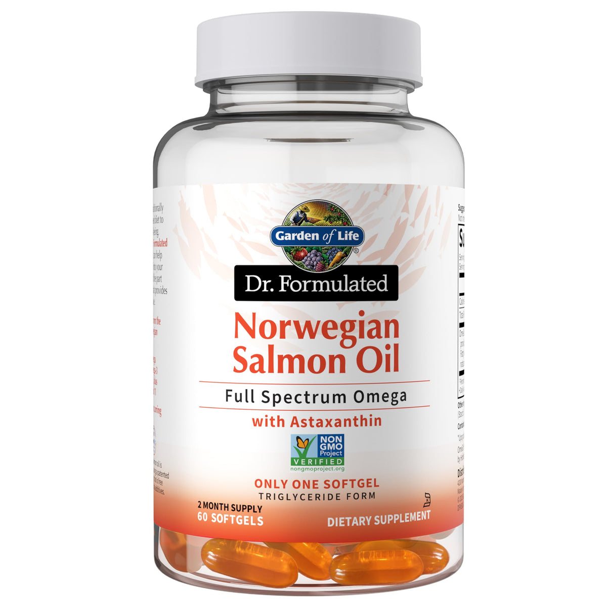 Garden of Life frasco de Salmon Oil mostrando etiqueta y beneficios