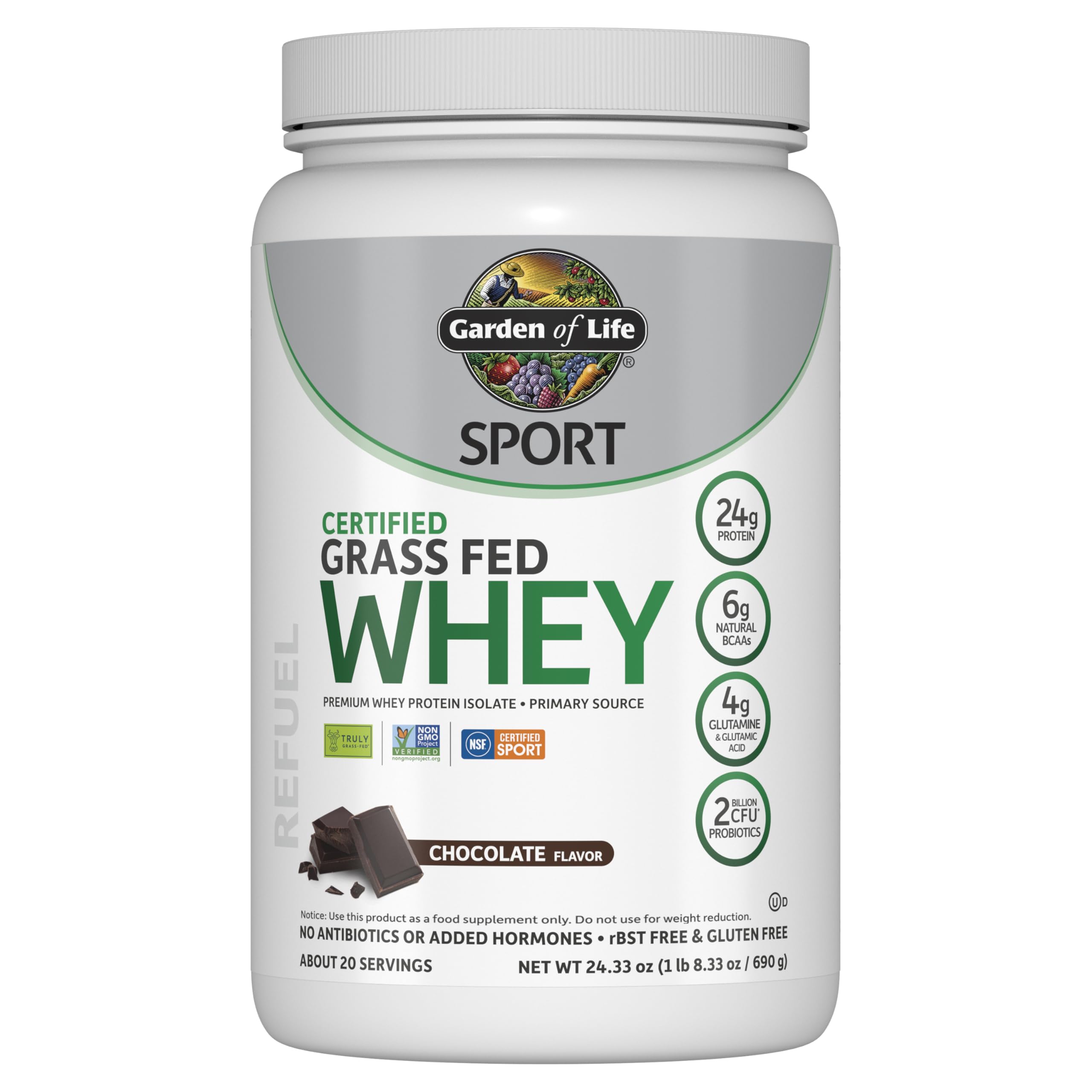 Garden of Life envase frontal que muestra 24 g proteína y sabor chocolate