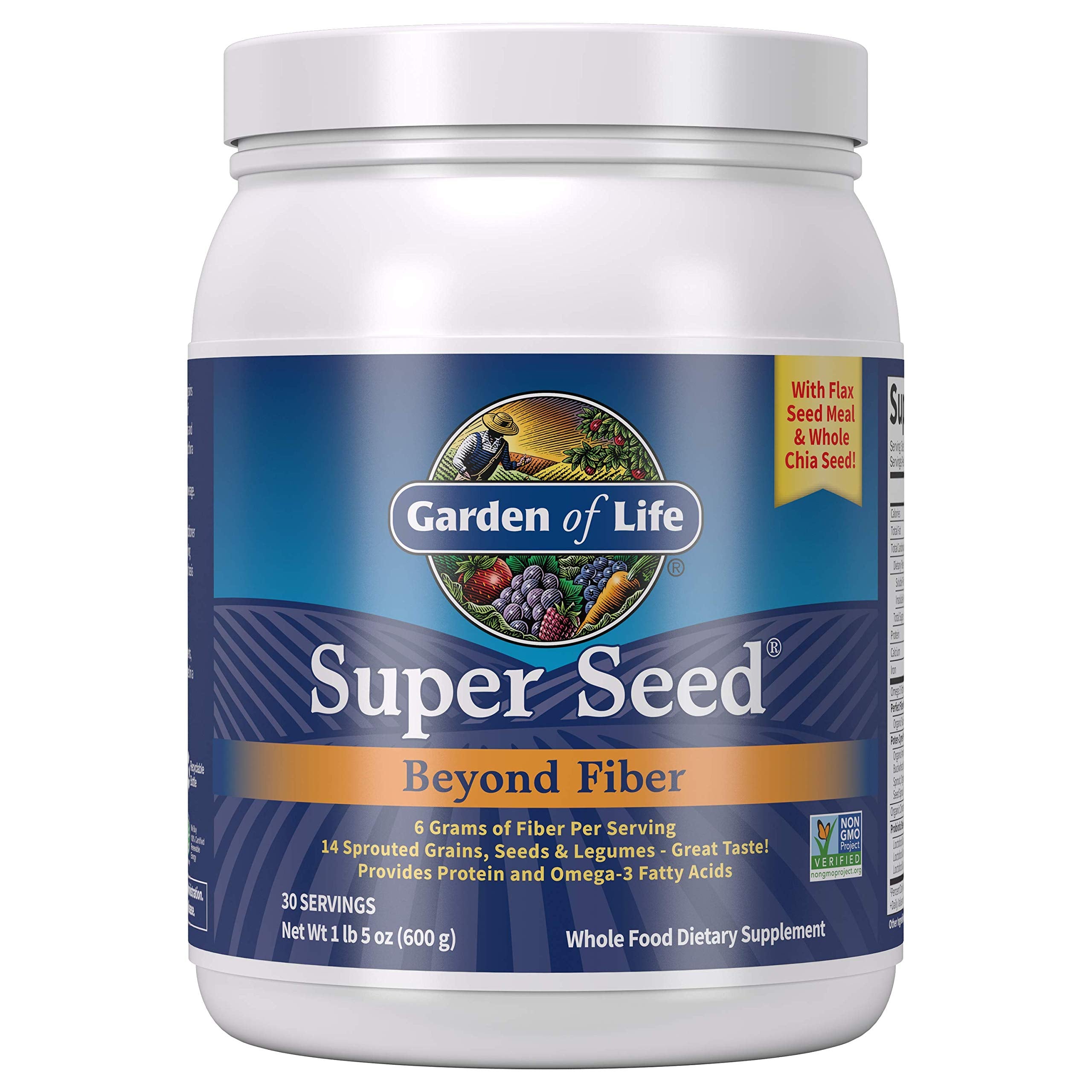 Garden of Life envase frontal mostrando etiqueta y beneficios visibles