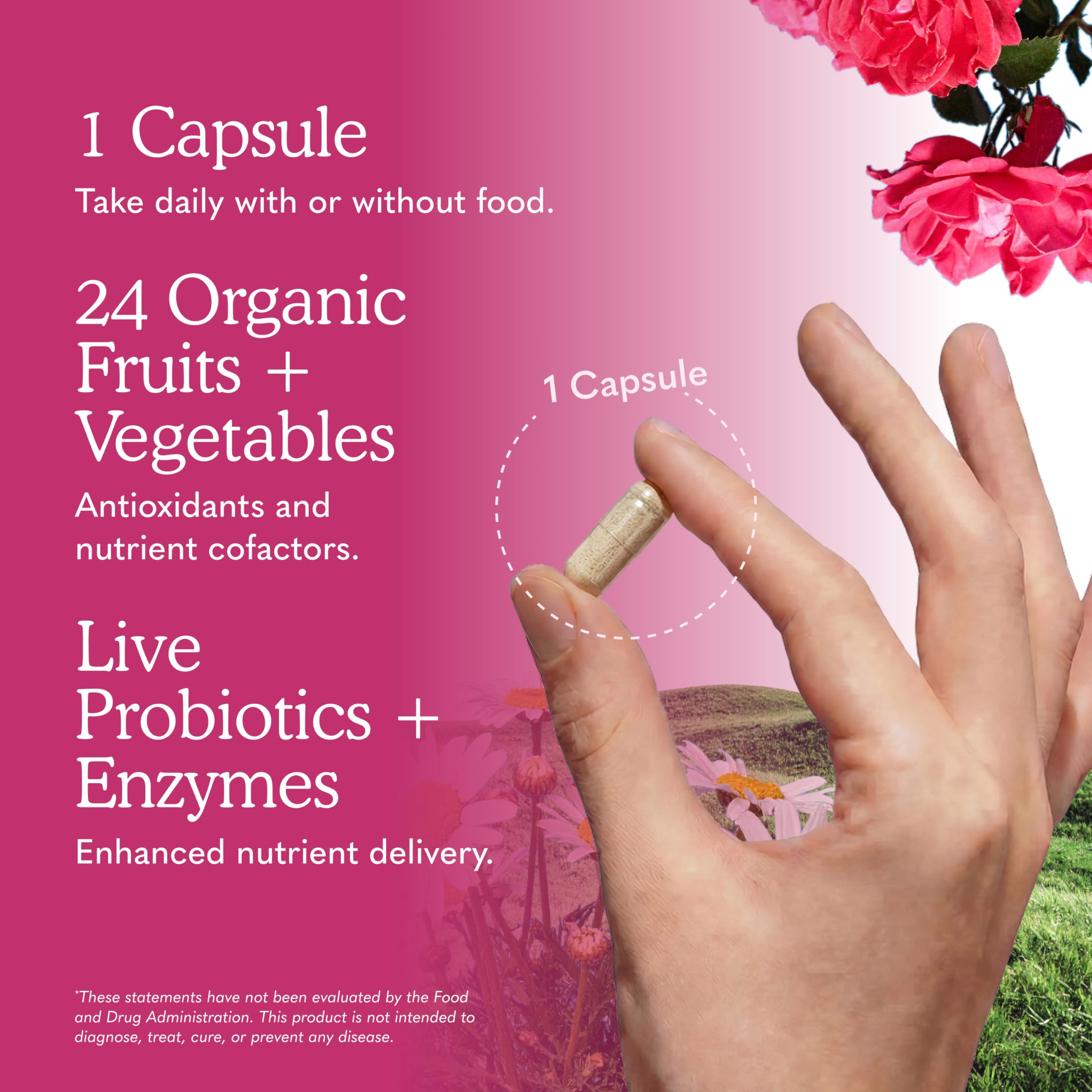 Garden of Life caja y cápsula para comparar tamaño y dosis diaria