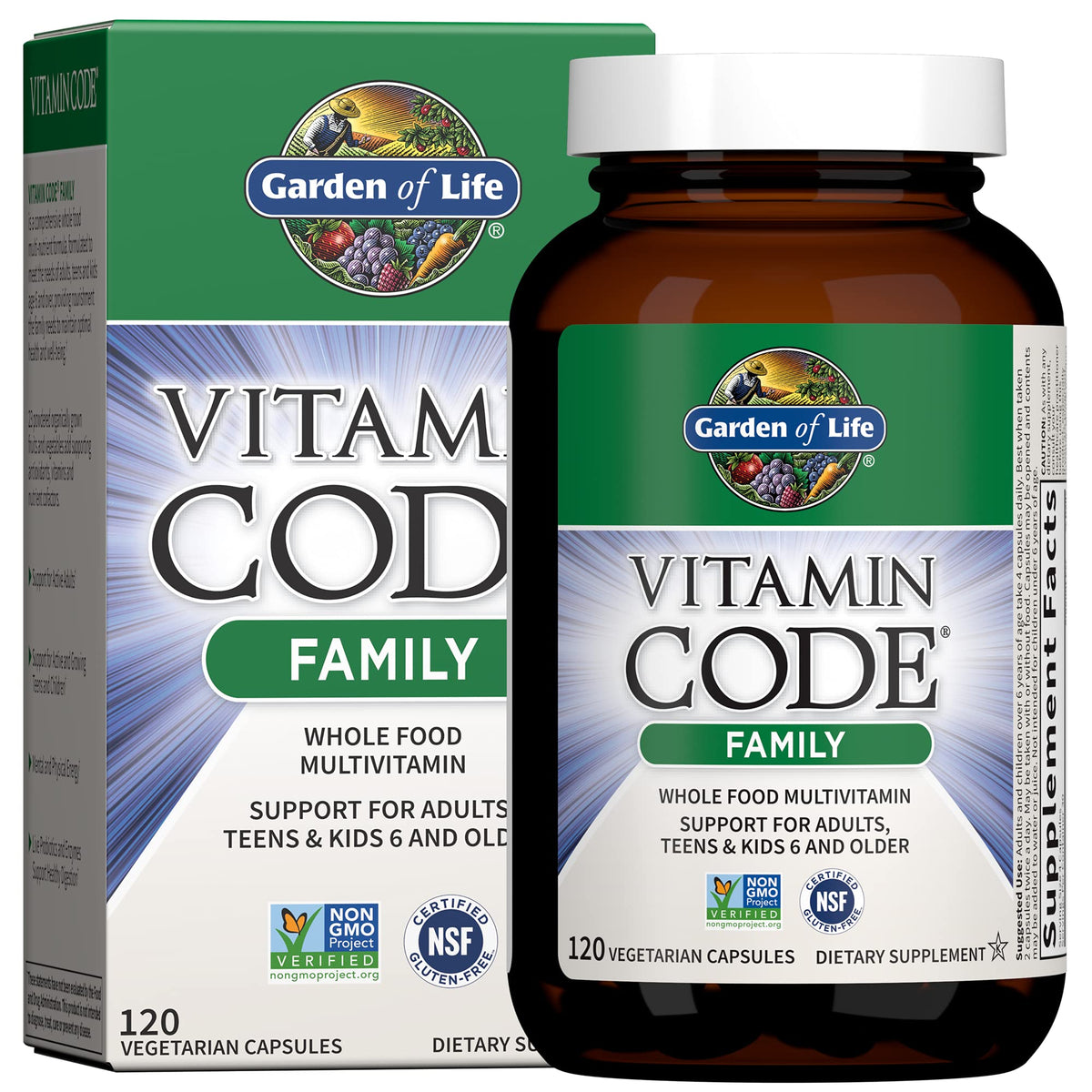 Garden of Life frasco frontal mostrando 120 cápsulas y beneficio familiar