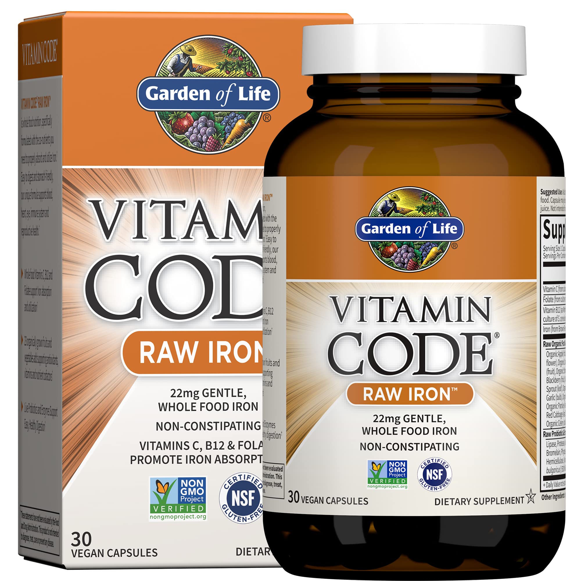 Garden of Life frasco frontal mostrando etiqueta y beneficio de hierro vegano