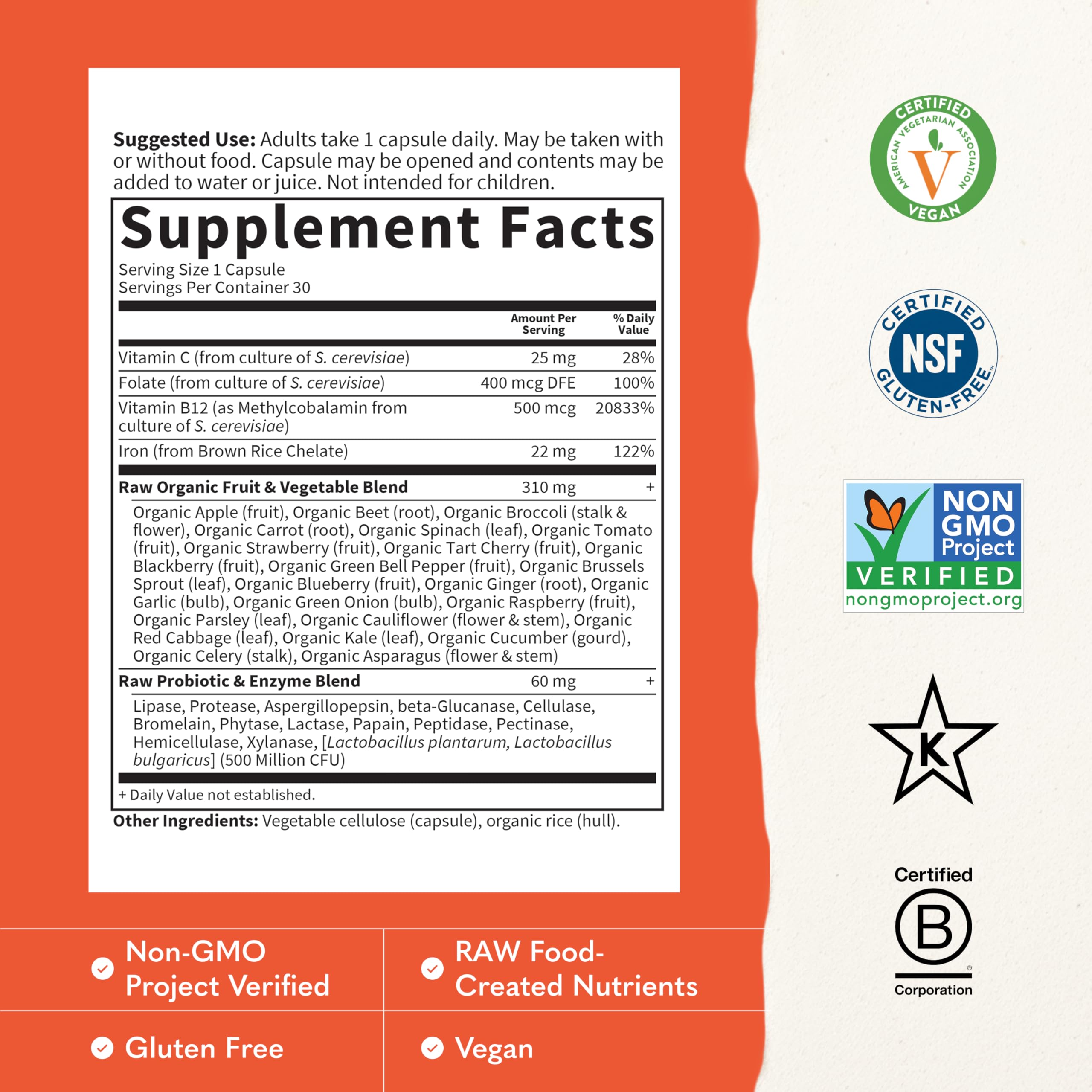 Garden of Life etiqueta con lista de ingredientes y beneficios naturales