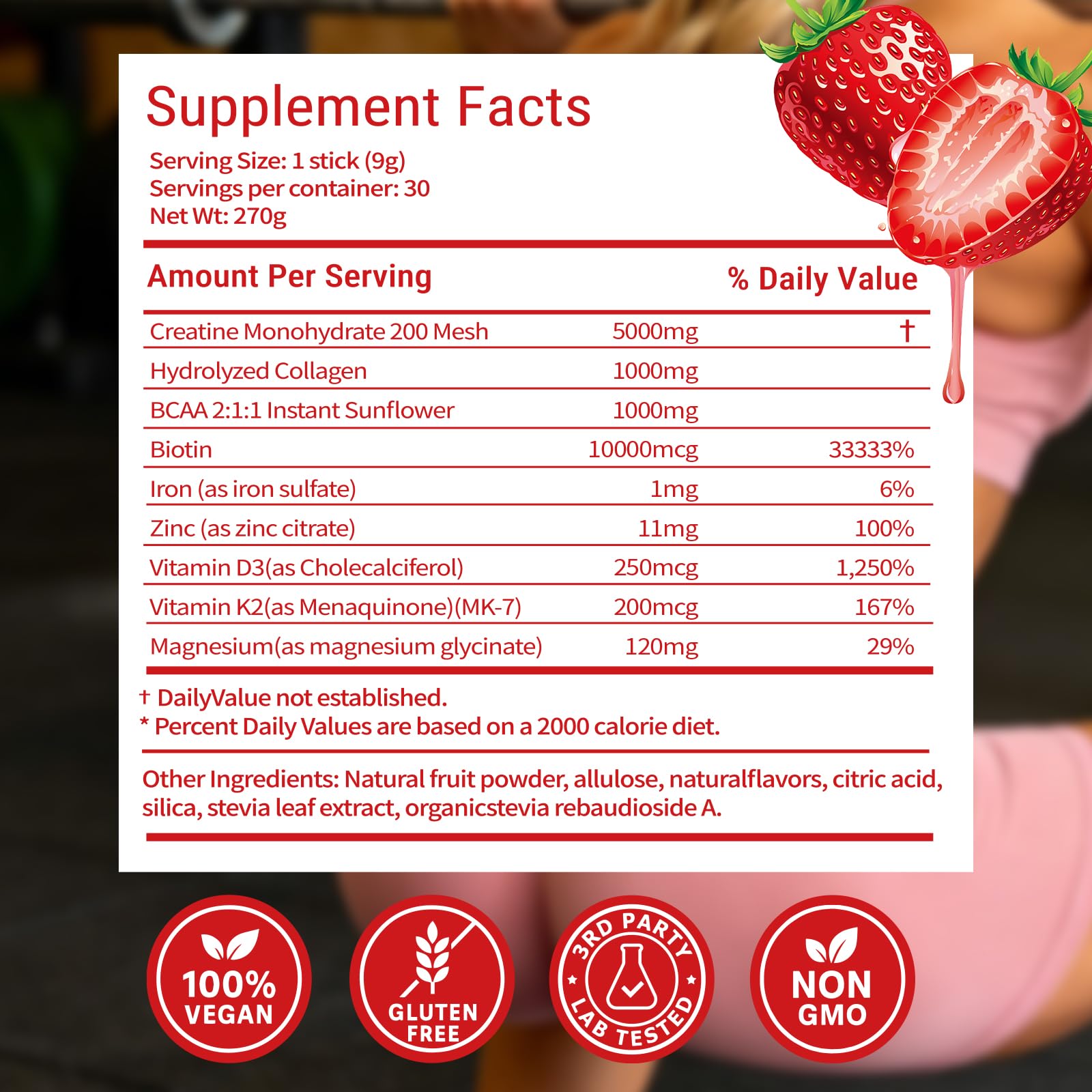 Garlicoccc etiqueta de ingredientes cercana mostrando creatina, BCAA, colágeno y vitaminas listadas