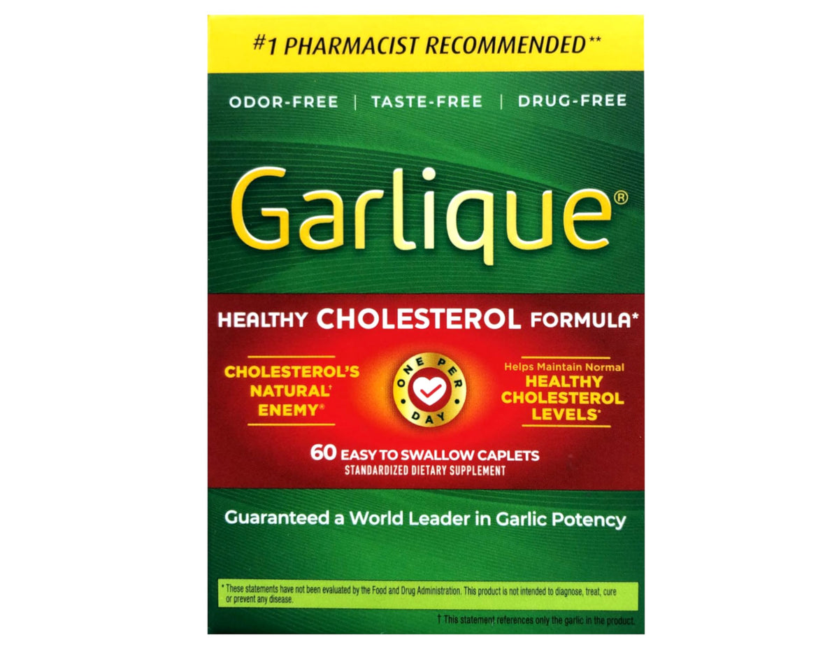 Garlique empaque frontal mostrando 60 tabletas y beneficios clave