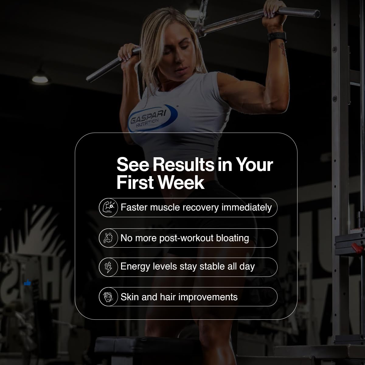 Gaspari Nutrition batido junto a equipo de gimnasio para rendimiento