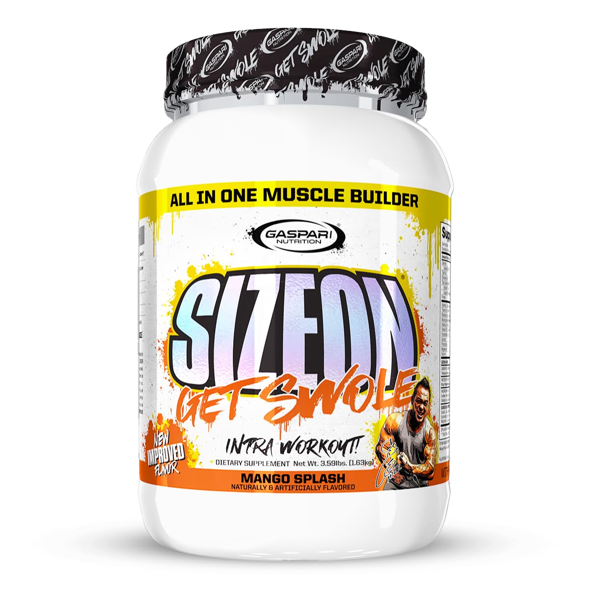 Gaspari SizeOn frente del envase mostrando sabor Mango Splash y beneficio volumen muscular