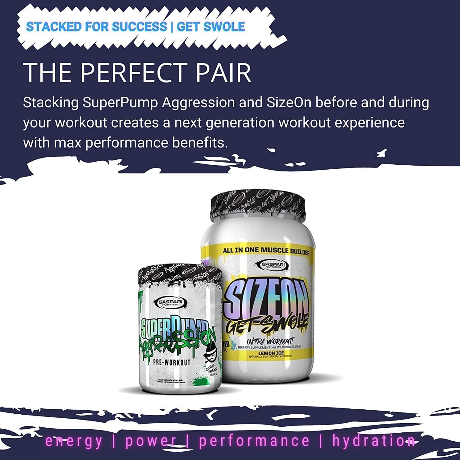 Gaspari SizeOn ingredientes dispuestos sobre superficie para apreciar la composición del producto