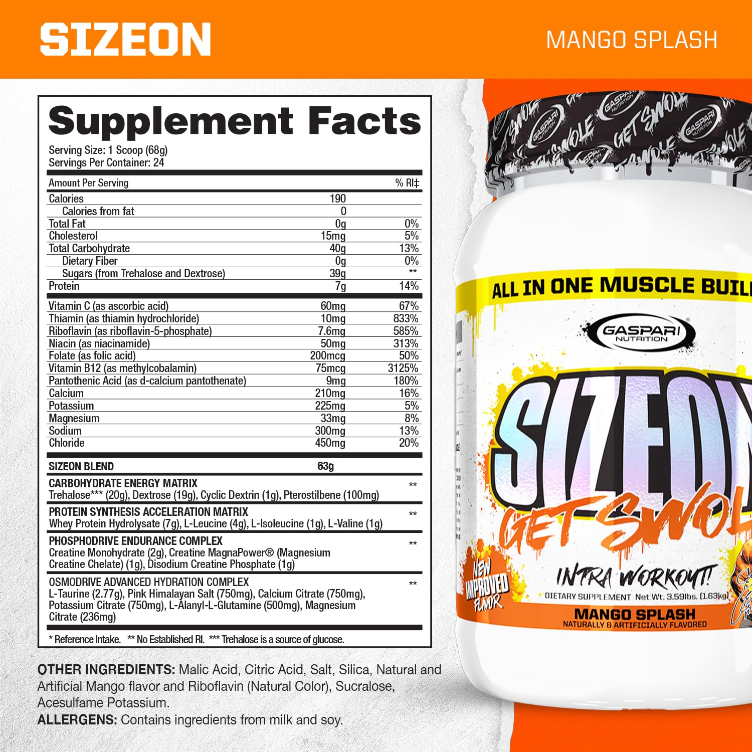 Gaspari SizeOn polvo en cuchara mostrando textura y beneficio mezcla homogénea