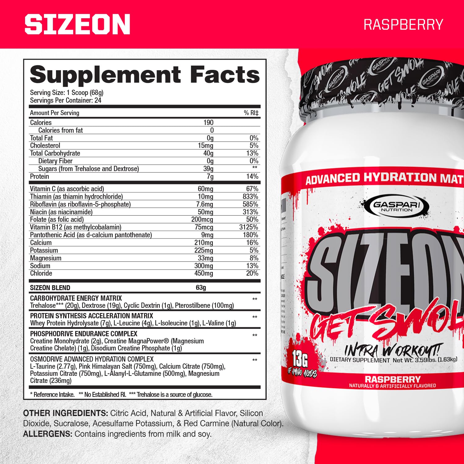Gaspari SizeOn polvo en cuchara que muestra textura fina y mezcla instantánea