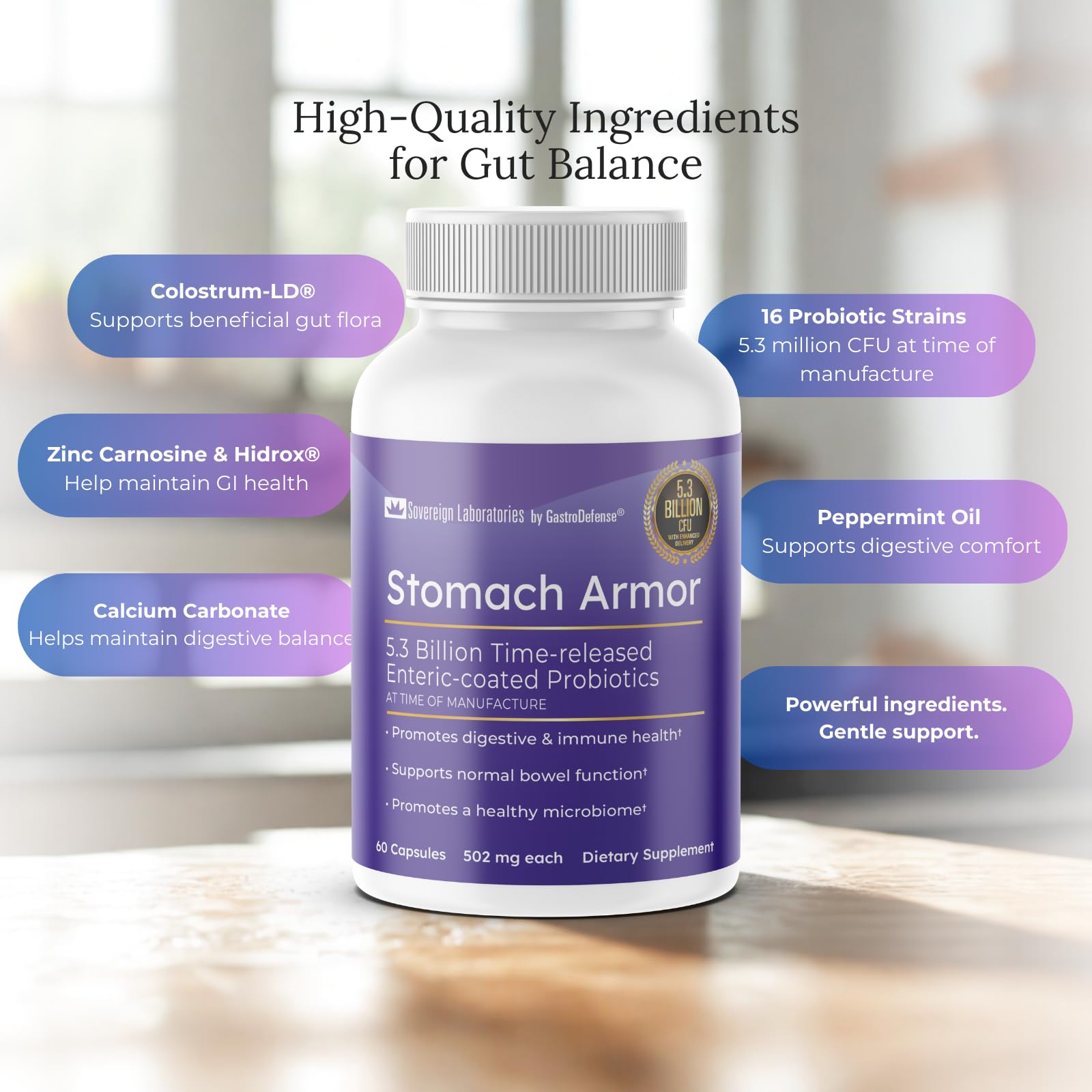 GastroDefense etiqueta con ingredientes destacando prebióticos y probióticos