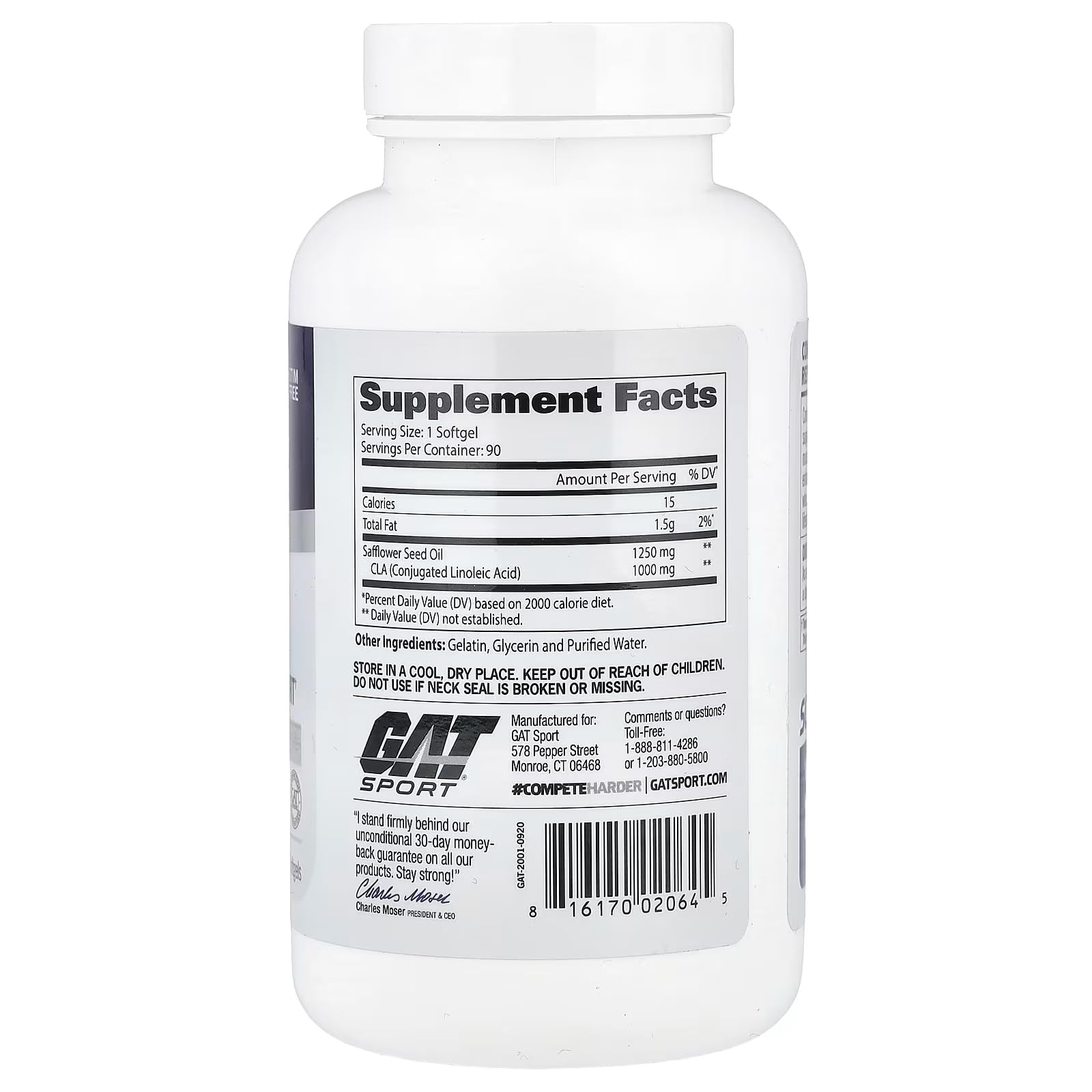 GAT SPORT primer plano cápsula softgel de CLA mostrando textura y facilidad de ingestión