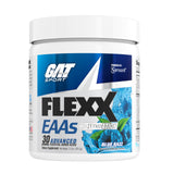 GAT SPORT envase frontal de FLEXX EAAs blue razz mostrando etiqueta y beneficios