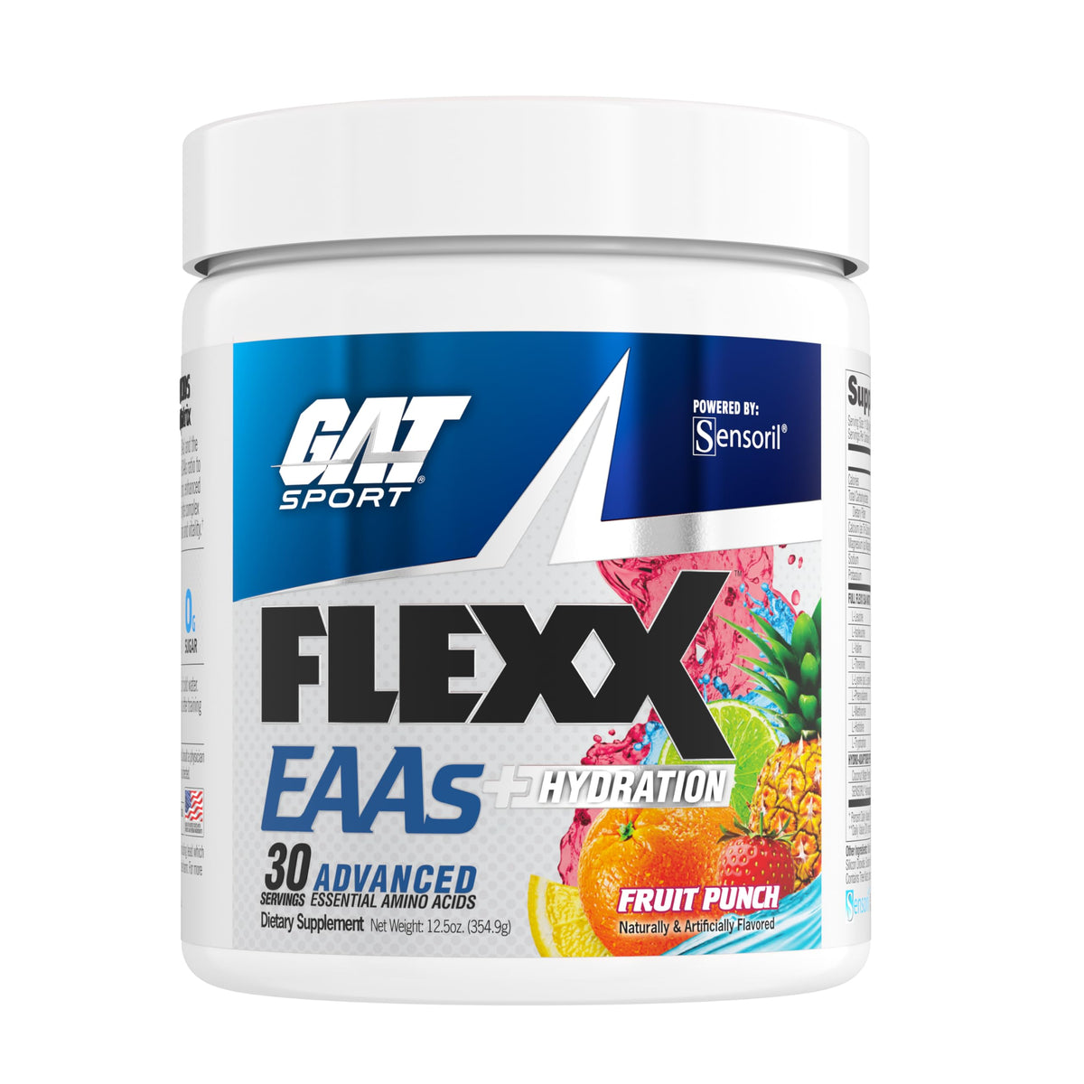 Envase GAT SPORT FLEXX EAAs frontal mostrando diseño y sabor Fruit Punch