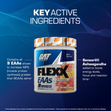 Cuchara medidora con scoop de GAT SPORT FLEXX EAAs mostrando dosis por servicio
