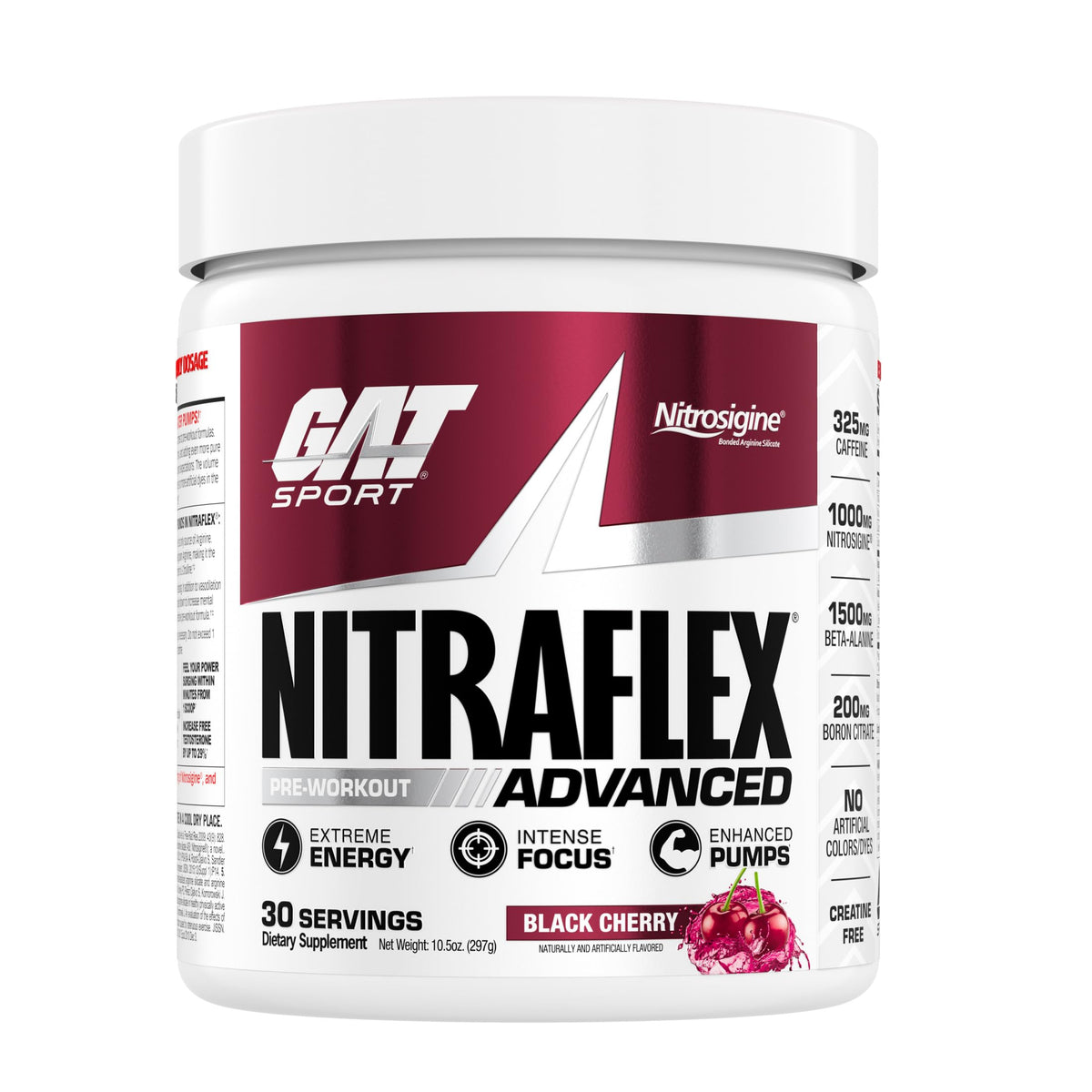 GAT SPORT frasco frontal Black Cherry mostrando la marca y energía instantánea
