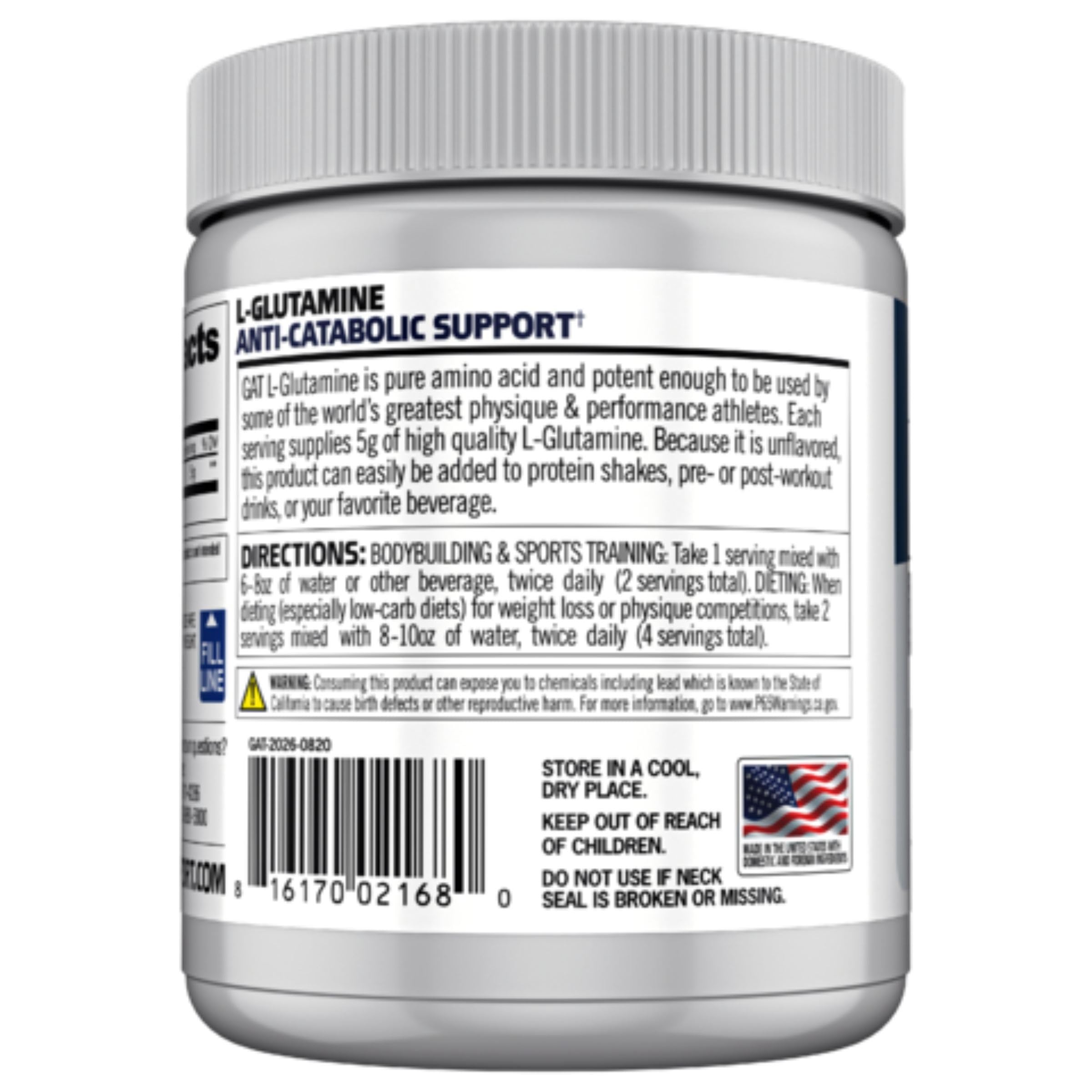 GAT SPORT mezcla de L-Glutamine en vaso, fácil disolución y uso rápido