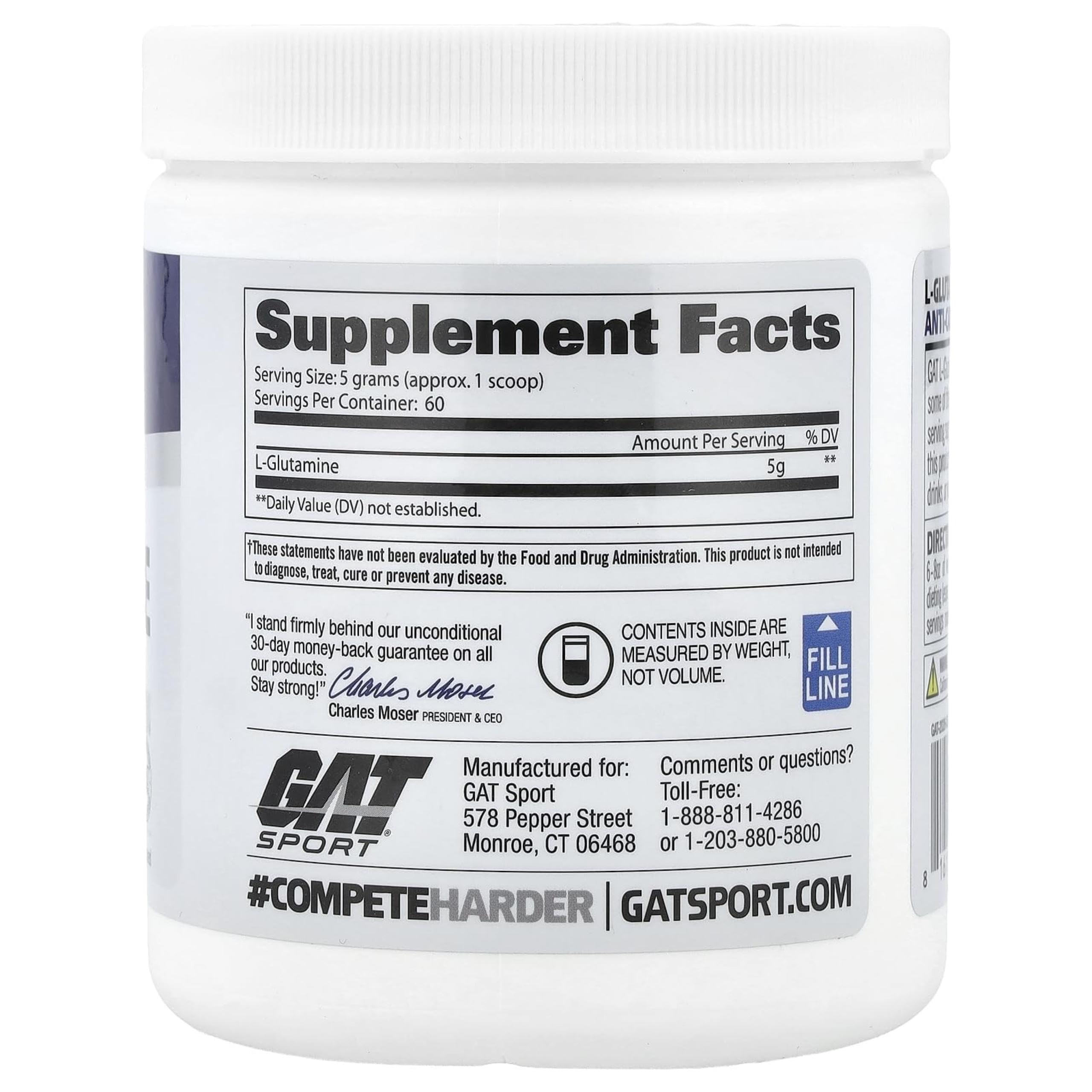 GAT SPORT polvo de L-Glutamine en primer plano, textura fina y pura