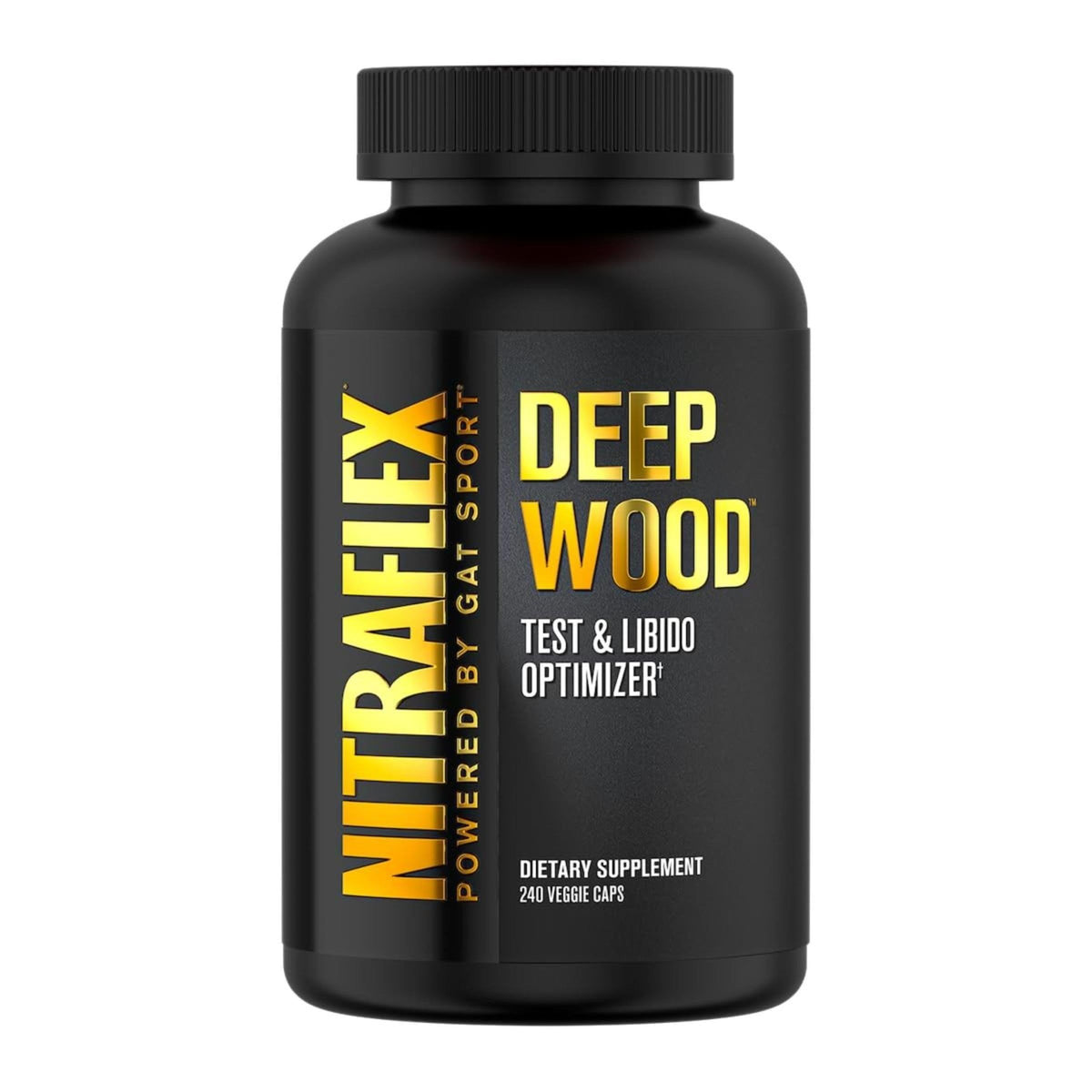 GAT SPORT botella frontal mostrando Nitraflex Deep Wood y beneficios visibles